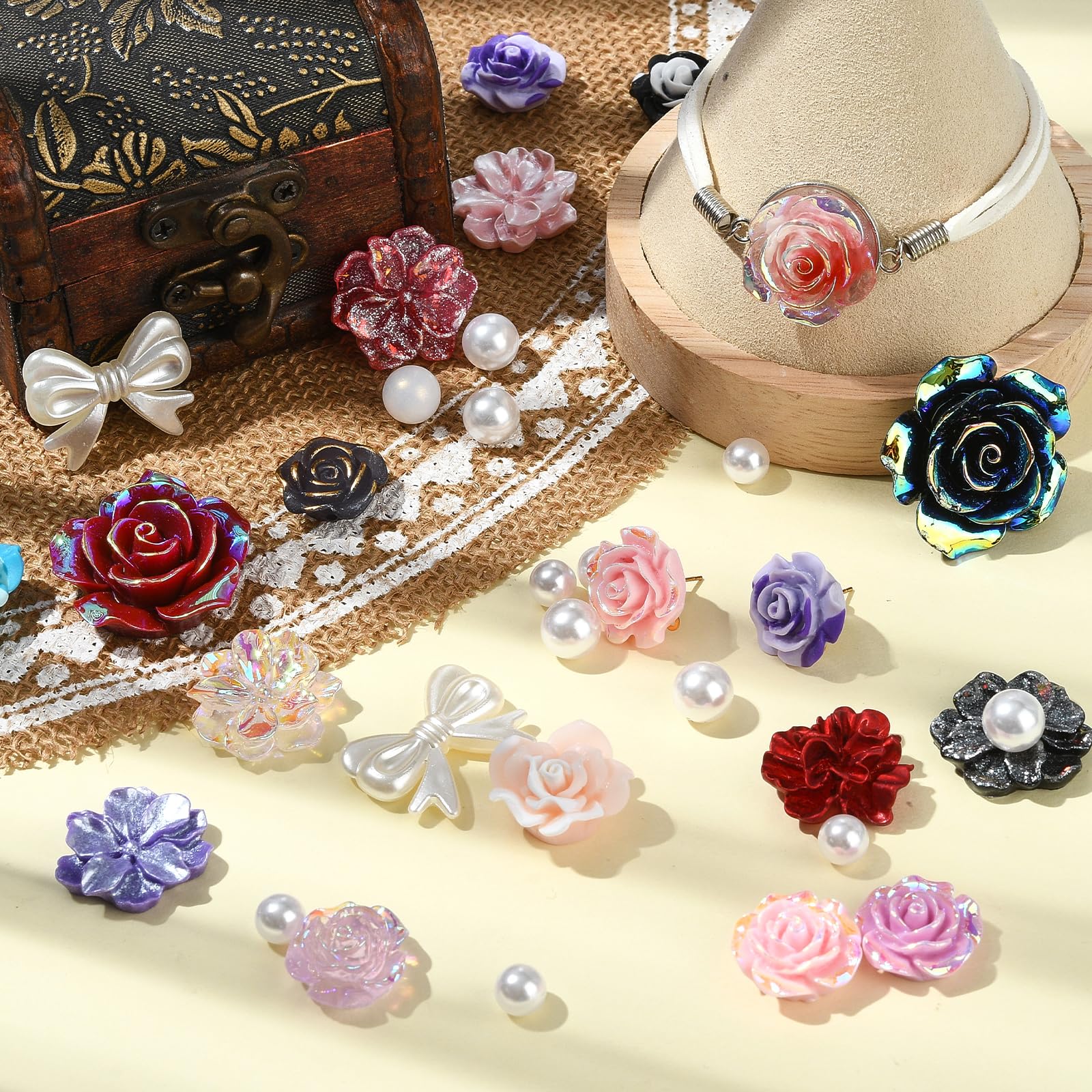 BEEFLIYNG 1 Pack Random 3D Resin ABS Colorful Rose Flower Butterfly Bow Charm Pearl Bead Acrylic Floral Decor Cabochons for Bracelet Earring Necklace Phone Case Craft DIY Jewelry Making - Image 5