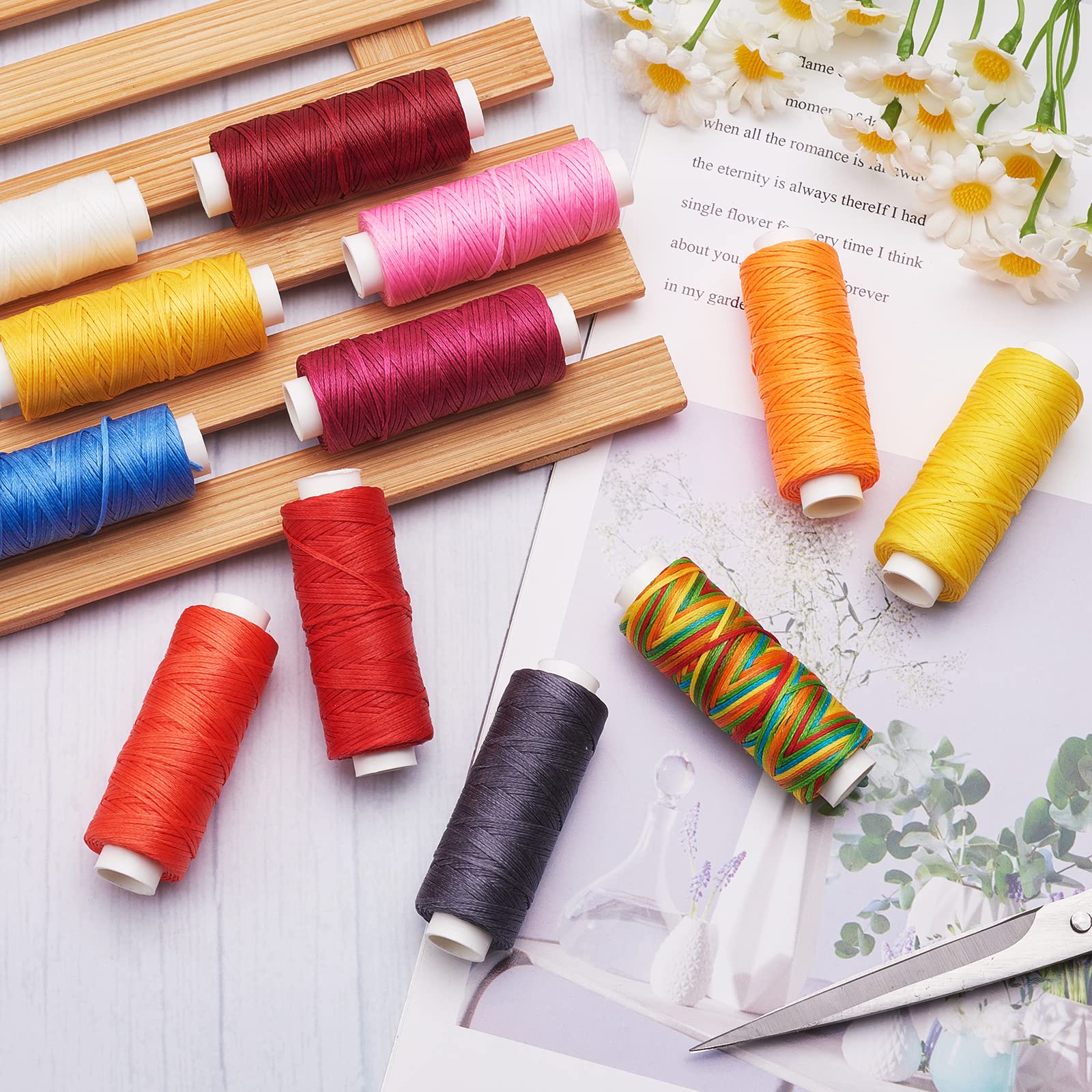 BEEFLYING 0.8MM 12 Rolls 394 Yards Colorful Waxed Polyester Cord Flat Thread Beading String Hand Stitching Cord for DIY Jewelry Making Crafting Macrame Leather Sewing - Image 3