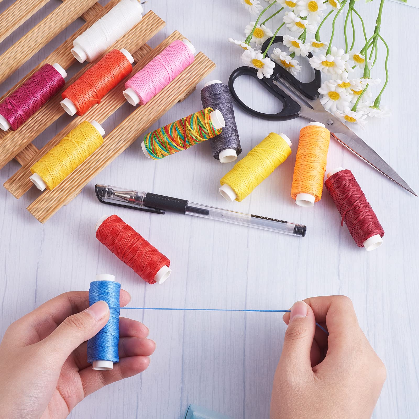 BEEFLYING 0.8MM 12 Rolls 394 Yards Colorful Waxed Polyester Cord Flat Thread Beading String Hand Stitching Cord for DIY Jewelry Making Crafting Macrame Leather Sewing - Image 4