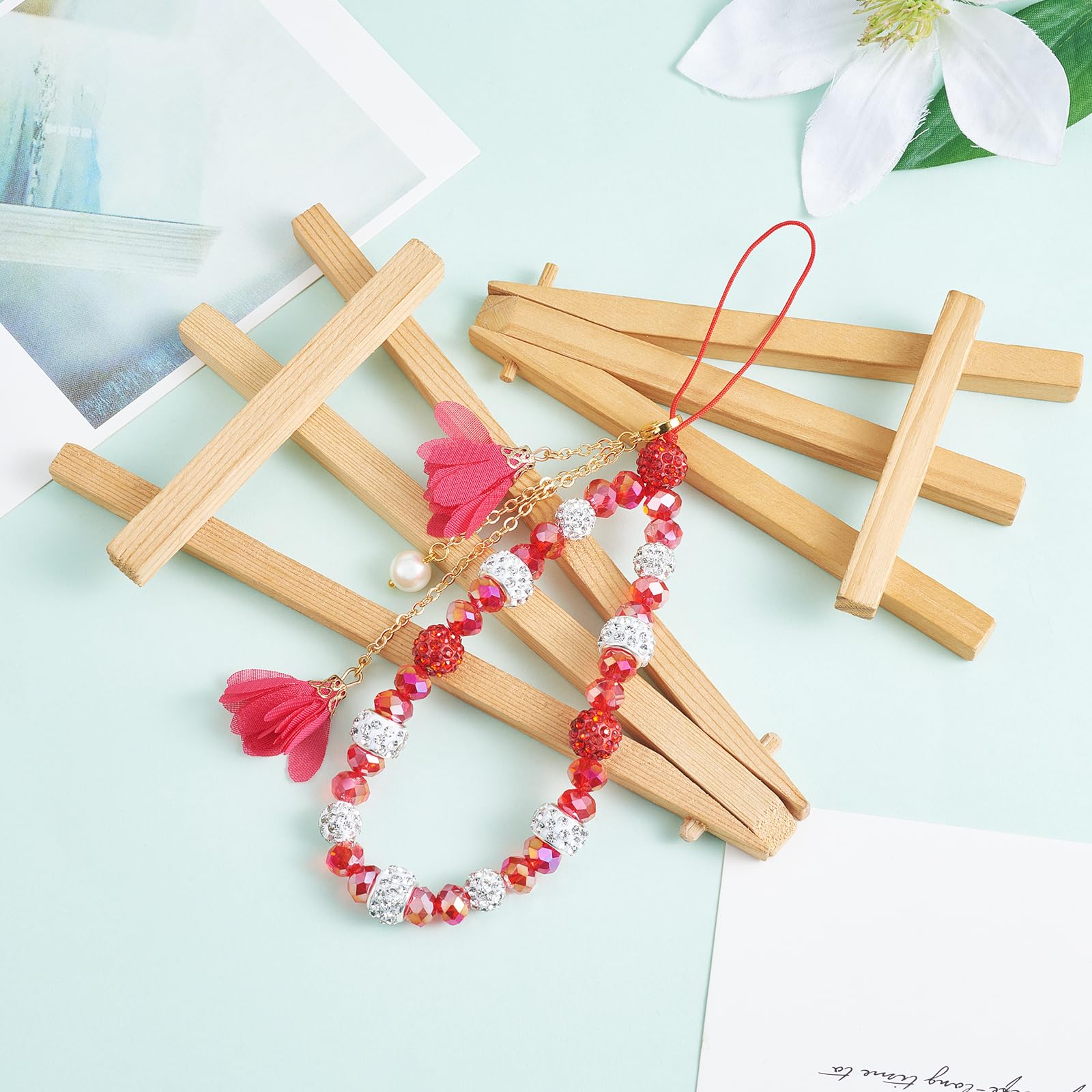 BEEFLYING 1 Pcs Crystal Flower Lanyard Charms Cell Phone Strap Crystal Glass Beaded Lanyard Cute Keychain Charm for Car Key Purse Phone Case Wallet Decor(Red) - Image 3
