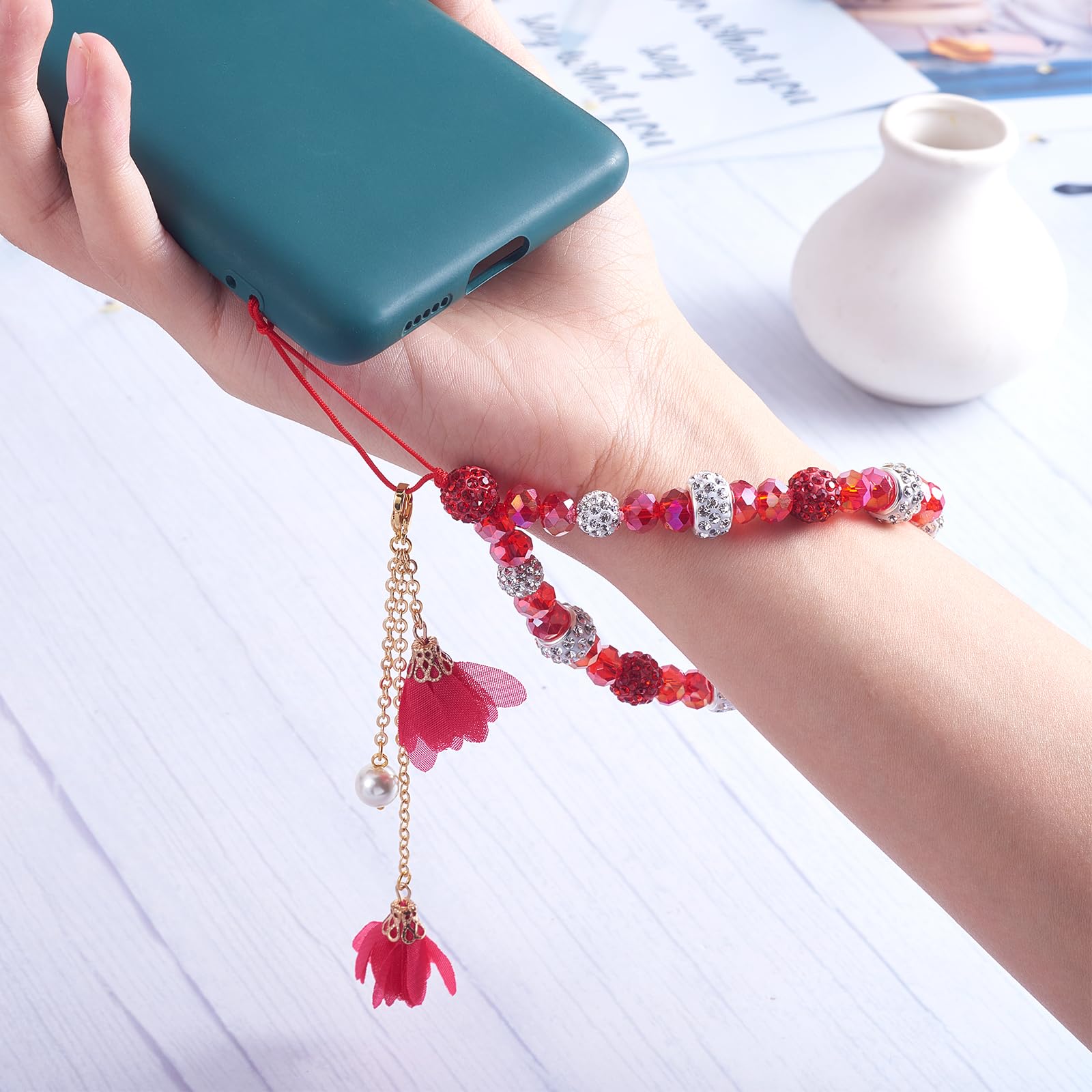 BEEFLYING 1 Pcs Crystal Flower Lanyard Charms Cell Phone Strap Crystal Glass Beaded Lanyard Cute Keychain Charm for Car Key Purse Phone Case Wallet Decor(Red) - Image 4