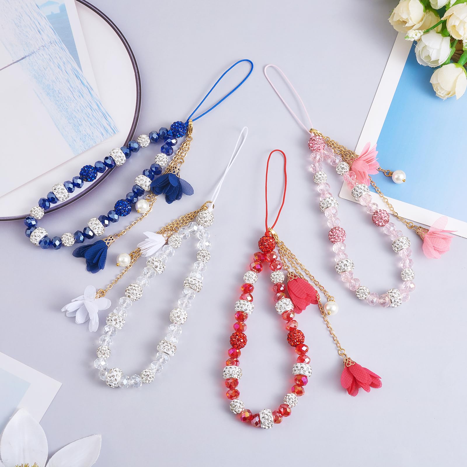 BEEFLYING 1 Pcs Crystal Flower Lanyard Charms Cell Phone Strap Crystal Glass Beaded Lanyard Cute Keychain Charm for Car Key Purse Phone Case Wallet Decor(Red) - Image 5