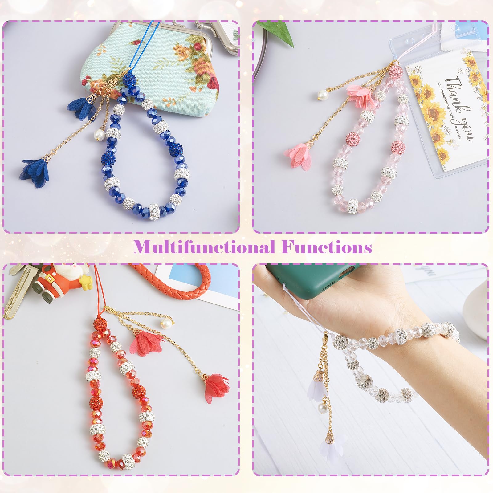 BEEFLYING 1 Pcs Crystal Flower Lanyard Charms Cell Phone Strap Crystal Glass Beaded Lanyard Cute Keychain Charm for Car Key Purse Phone Case Wallet Decor(Red) - Image 6