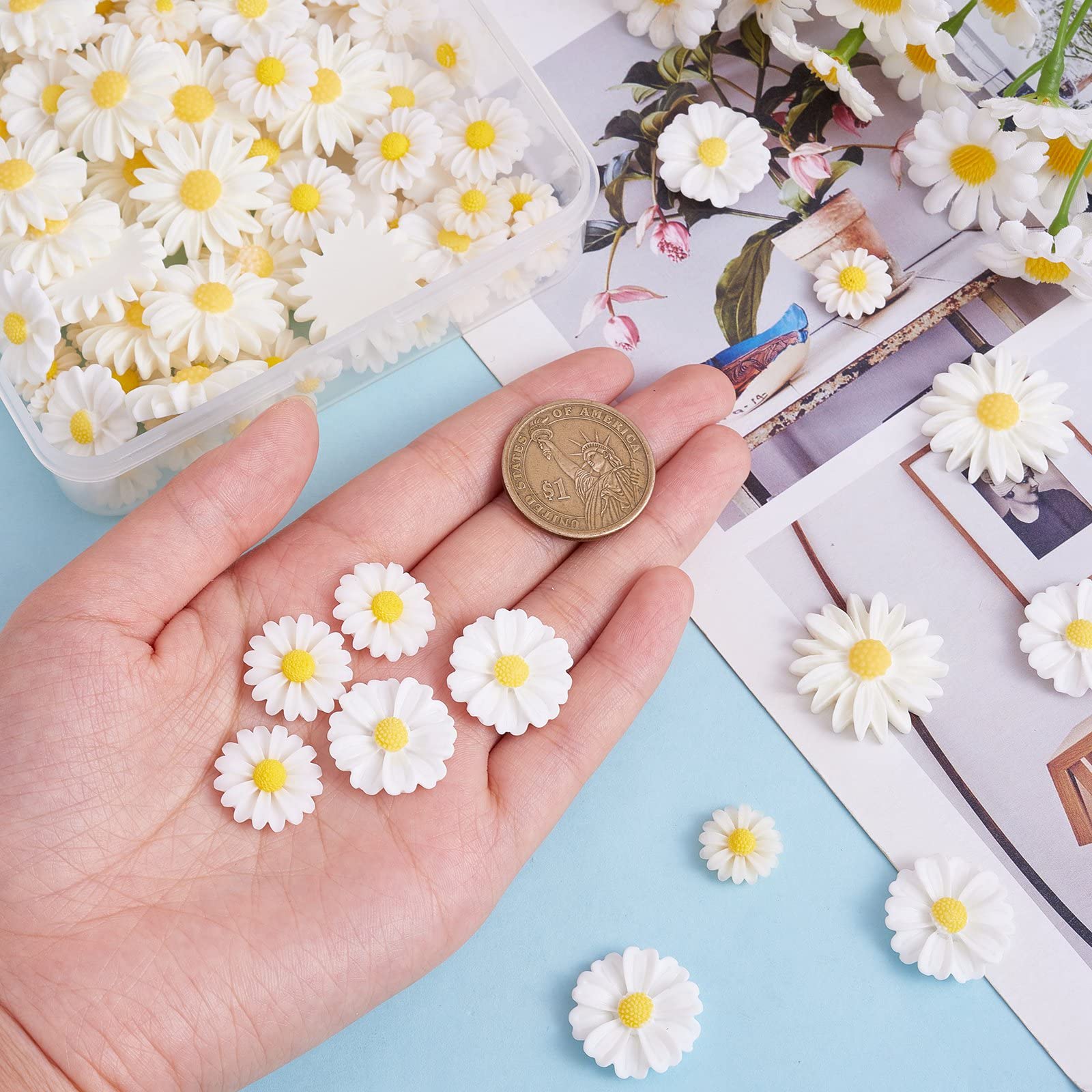 BEEFLYING 100 Pcs Flower Resin Cabochons Daisy Plastic Flatback Loose Beads Daisy Flower Epoxy Cabochons for Jewelry Making Scrapbooking Crafts Supplies - Image 3