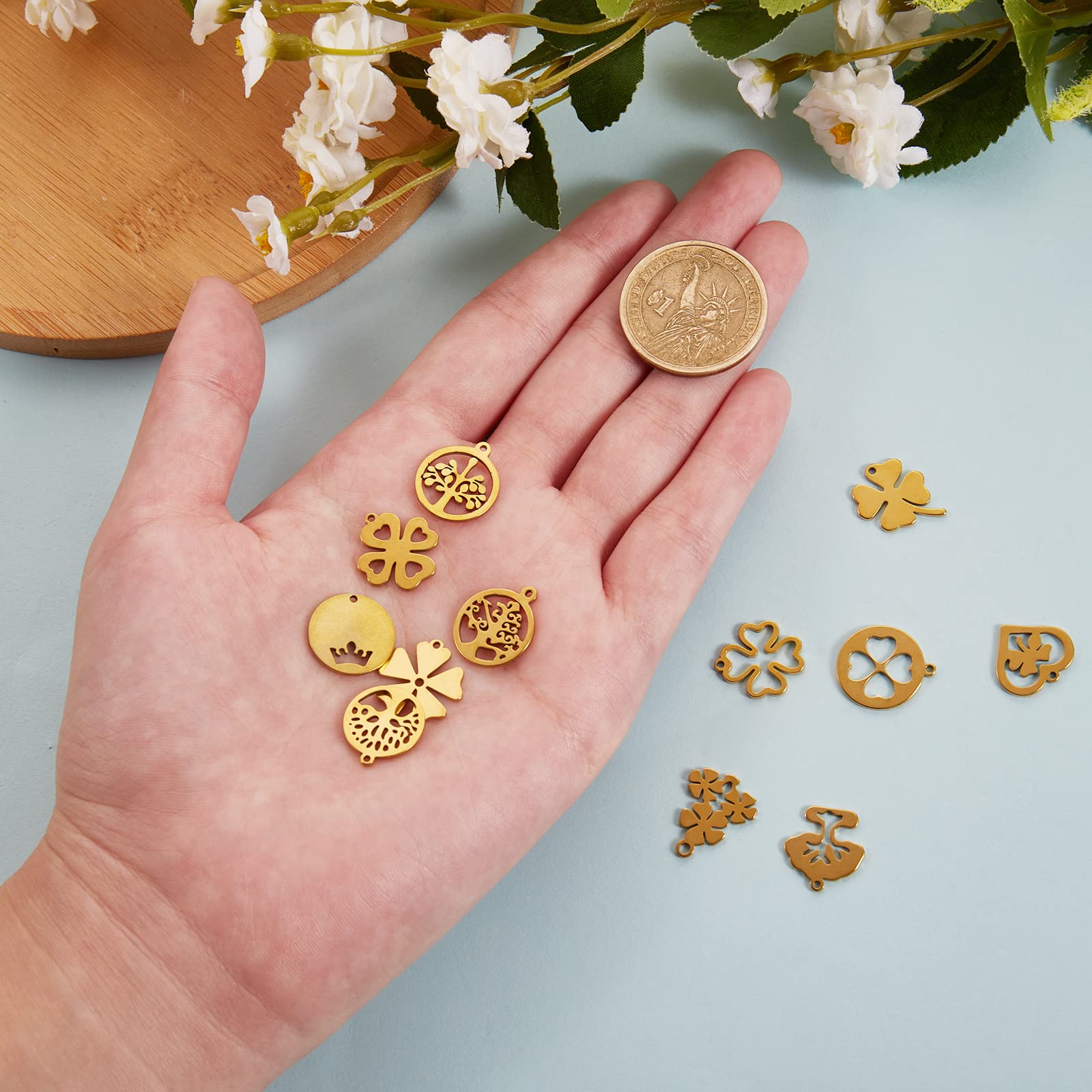 BEEFLYING 12 Pcs 12 Styles 304 Stainless Steel Pendants Gold Plated Plant Pendant Charms Mixed Shapes Clover Tree of Life Charms for Keychain Necklace Bracelet Jewelry Making - Image 3