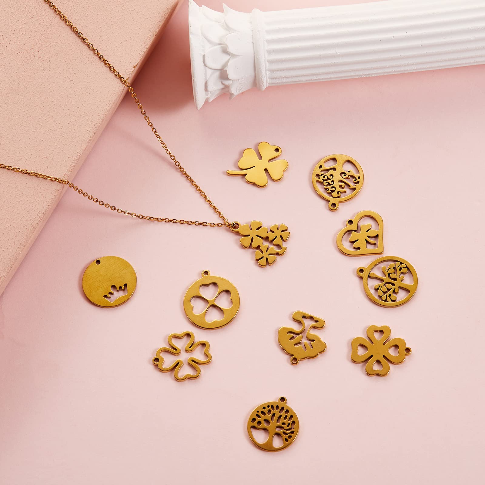 BEEFLYING 12 Pcs 12 Styles 304 Stainless Steel Pendants Gold Plated Plant Pendant Charms Mixed Shapes Clover Tree of Life Charms for Keychain Necklace Bracelet Jewelry Making - Image 4