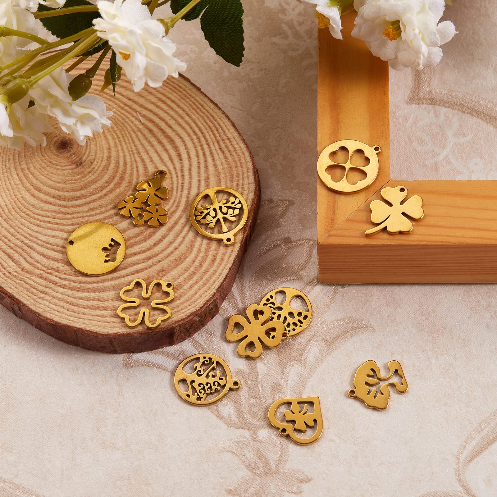 BEEFLYING 12 Pcs 12 Styles 304 Stainless Steel Pendants Gold Plated Plant Pendant Charms Mixed Shapes Clover Tree of Life Charms for Keychain Necklace Bracelet Jewelry Making - Image 6