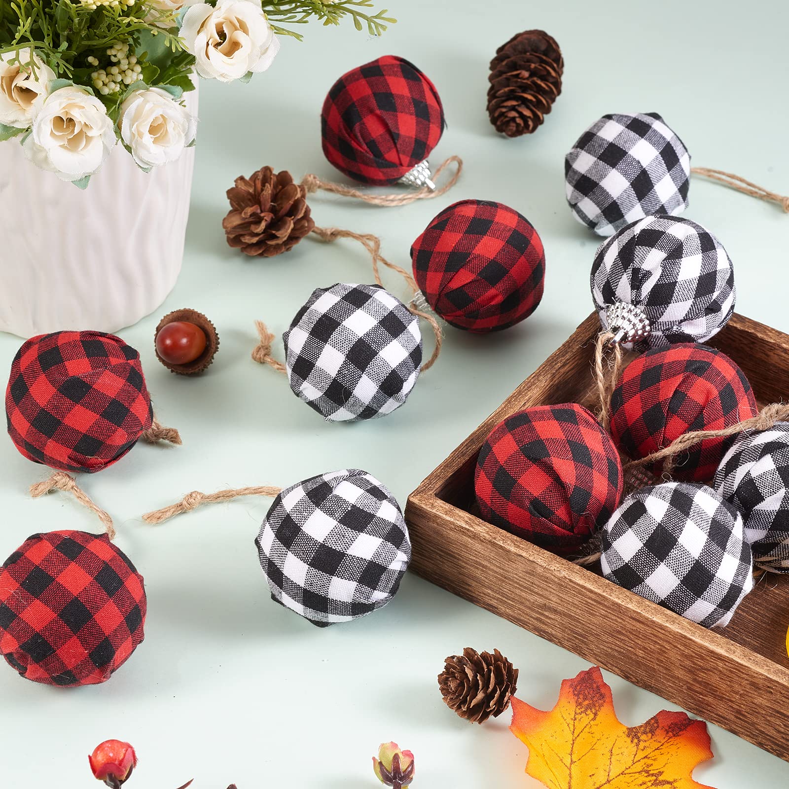 BEEFLYING 12 Pcs Christmas Buffalo Plaid Ball Ornaments Ball Hanging Decorations with Hemp Rope for Christmas Tree Party Decoration Supplies - Image 4