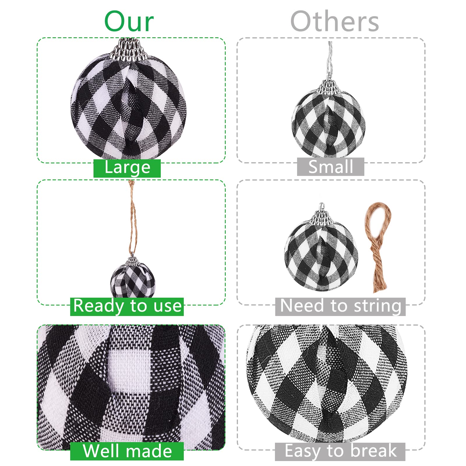 BEEFLYING 12 Pcs Christmas Buffalo Plaid Ball Ornaments Ball Hanging Decorations with Hemp Rope for Christmas Tree Party Decoration Supplies - Image 5