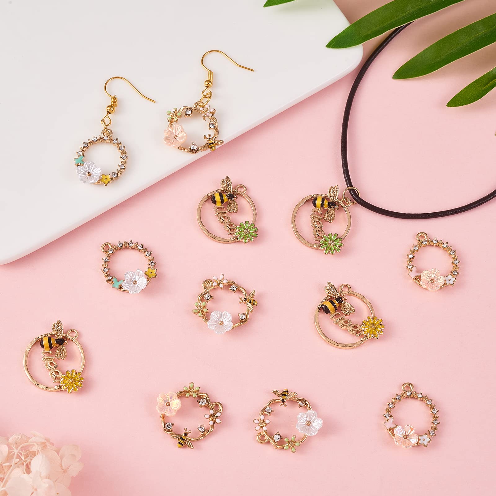 BEEFLYING 12 Pieces Bee Flower Charms Rhinestone Alloy Honeybee Pendants Flat Round Hollow Jewellery Findings for Necklaces Bracelets Jewelry Making Crafts Supplies - Image 4