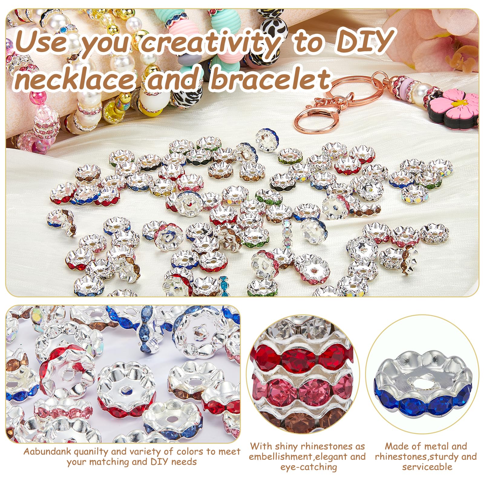 BEEFLYING 120Pcs 12mm Sparkling Crystal Spacer Beads, Silver Plated Rhinestone Rondelle Spacers Glitter Beads for Jewelry Bracelet Necklace Making Pen and Craft DIY - Image 3