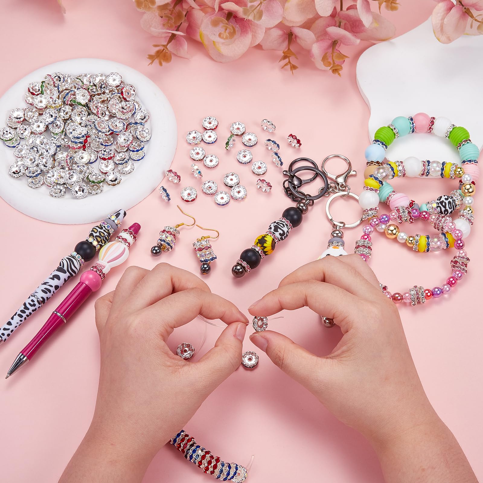 BEEFLYING 120Pcs 12mm Sparkling Crystal Spacer Beads, Silver Plated Rhinestone Rondelle Spacers Glitter Beads for Jewelry Bracelet Necklace Making Pen and Craft DIY - Image 5