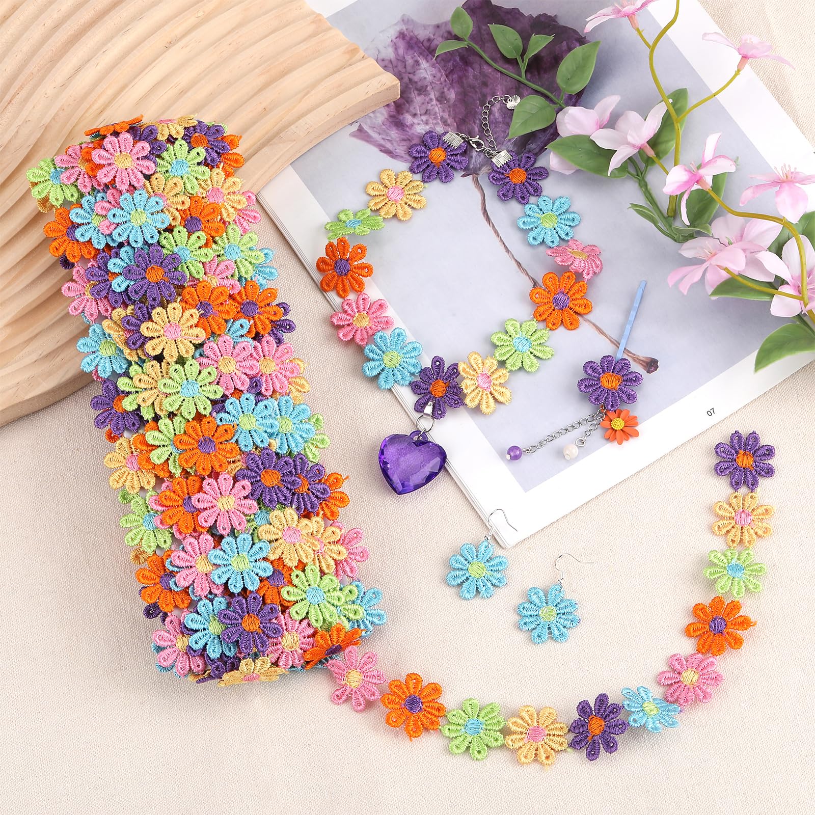 BEEFLYING 15 Yards Colorful Daisy Flower Lace Ribbon Trim Embroidery for Sewing DIY Crafts Home Decoration Supplies, 2.5cm Wide - Image 3