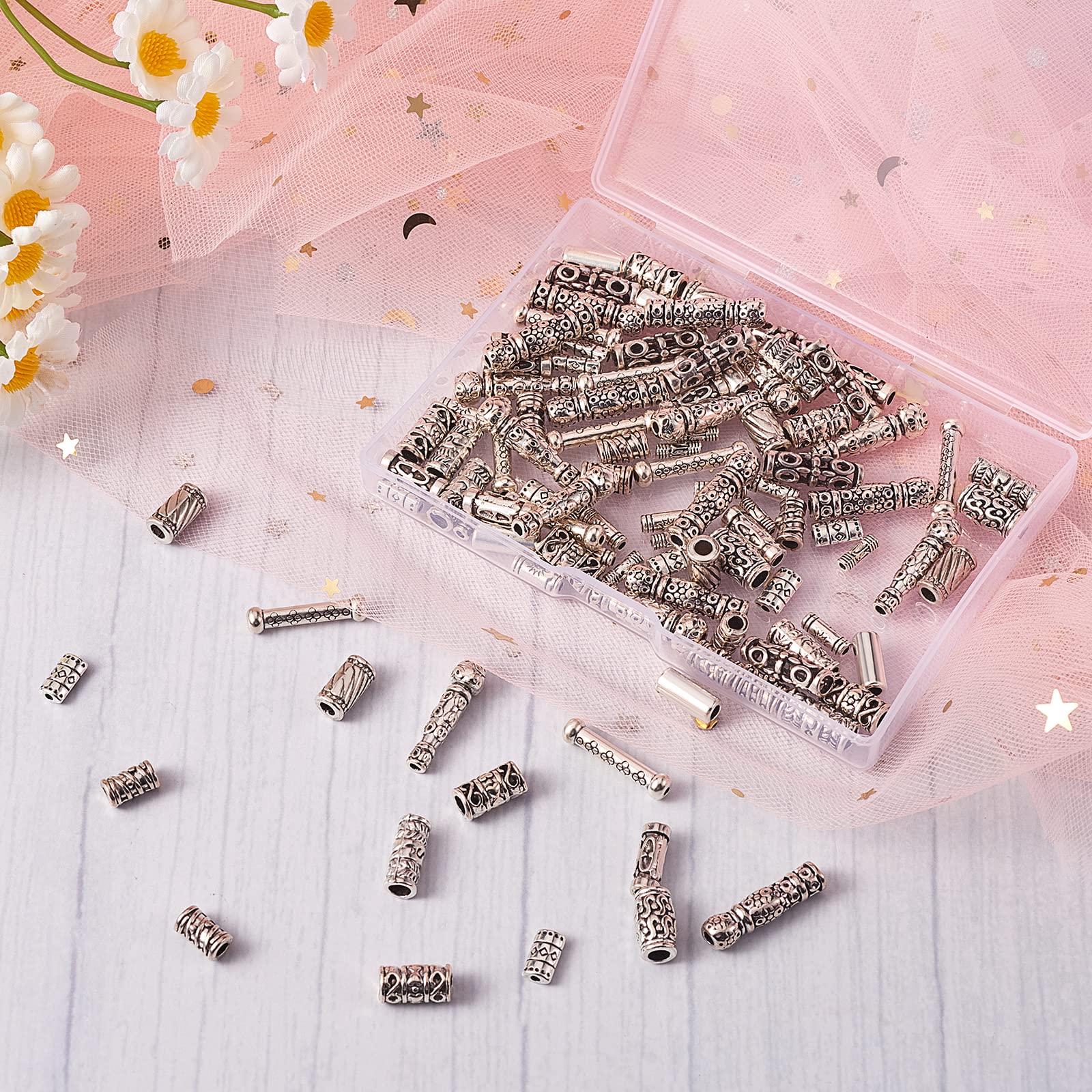 BEEFLYING 150pcs 15 Style Antique Silver Tibetan Spacer Hollow Tube Beads Large Hole Alloy Charms Metal Loose Column Spacer Beads for DIY Bracelet Necklace Jewelry Making - Image 3