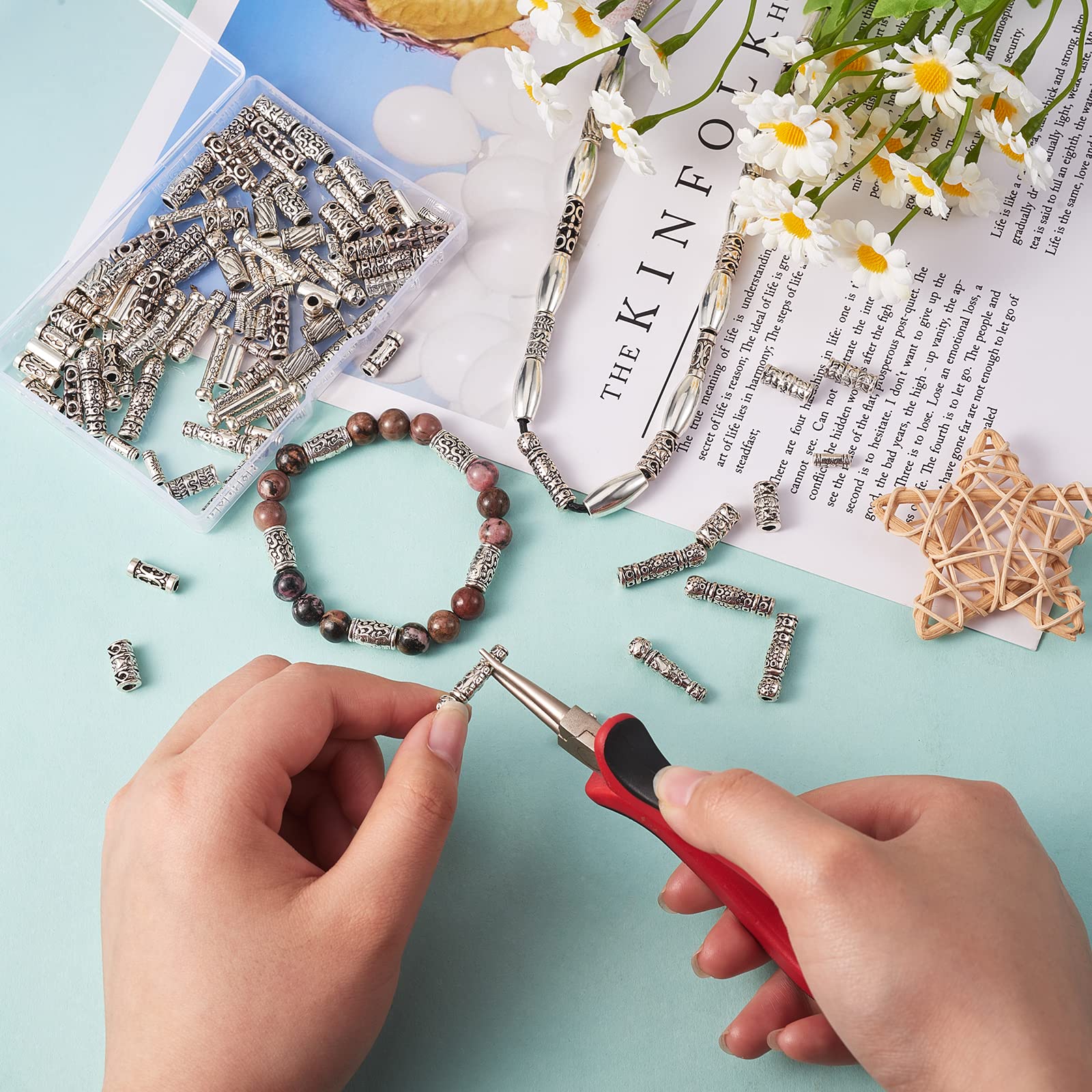 BEEFLYING 150pcs 15 Style Antique Silver Tibetan Spacer Hollow Tube Beads Large Hole Alloy Charms Metal Loose Column Spacer Beads for DIY Bracelet Necklace Jewelry Making - Image 4