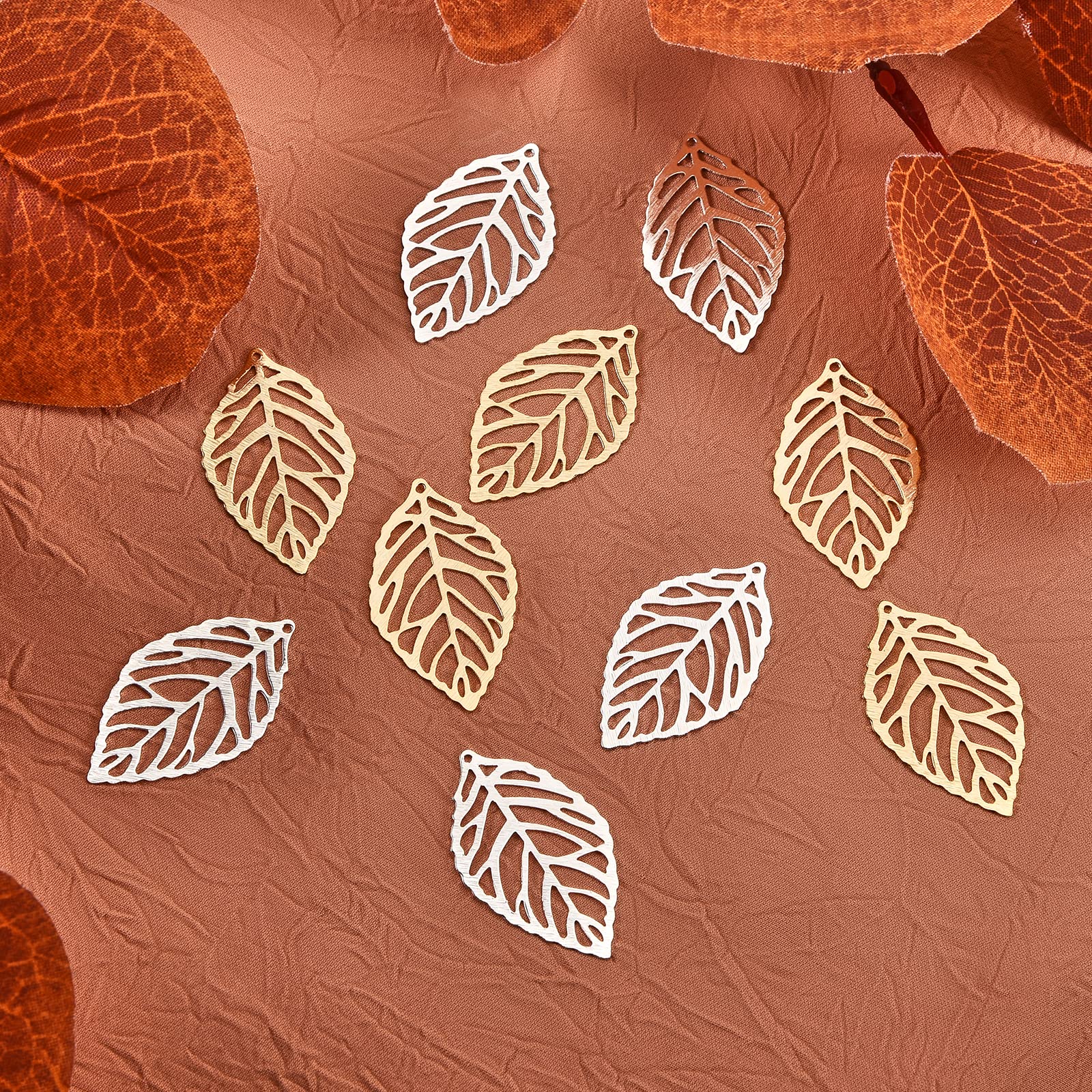 BEEFLYING 16 Pcs Tree Leaf Brass Charms Hollow Leaf Pendants Metal Filigree Leaf Pendants for Jewelry Making Crafts Supplies - Image 3
