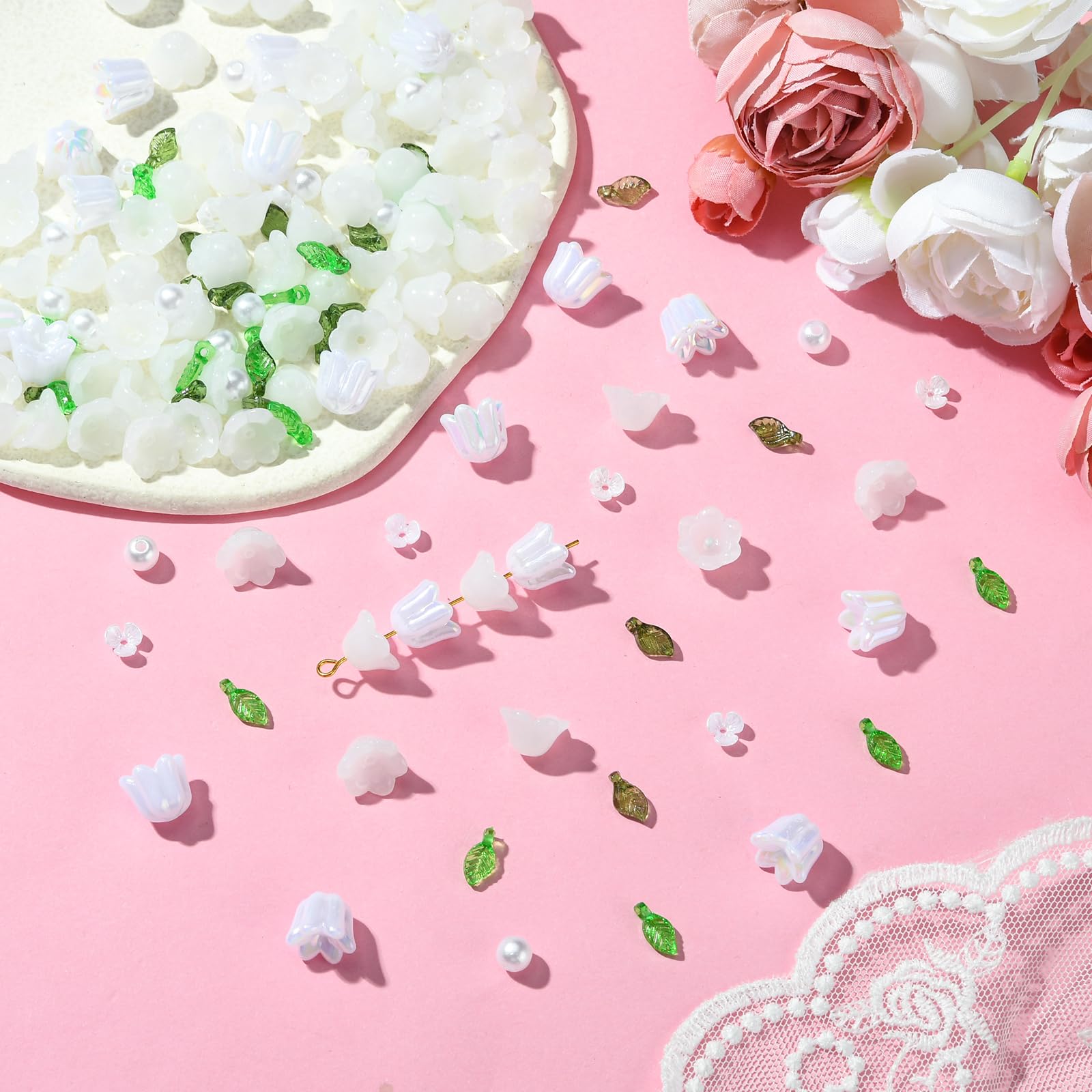 BEEFLYING 180Pcs Mixed Glass Flower Beads Charms Acrylic Leaf Beads Charms Acrylic Pearls Loose Spacer Beads for Jewelry Bracelet Earring Making and Craft DIY - Image 4