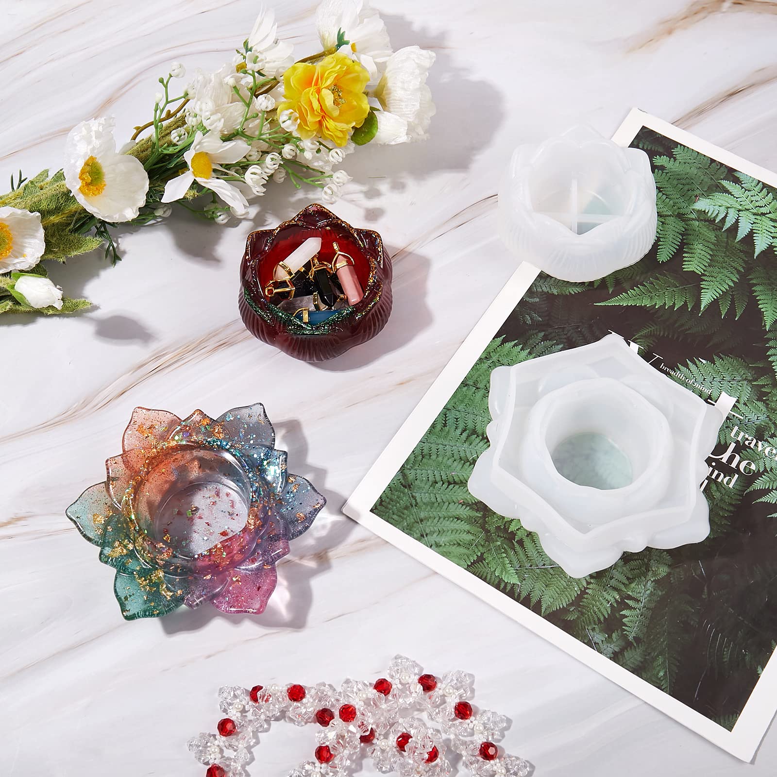 BEEFLYING 2 Pieces Candle Holder Resin Molds Lotus Epoxy Resin Casting Molds Candlestick Silicone Moulds for Jewellery Cosmetic Storage Box Plant Hydroponic Bottle Flower Pot - Image 3