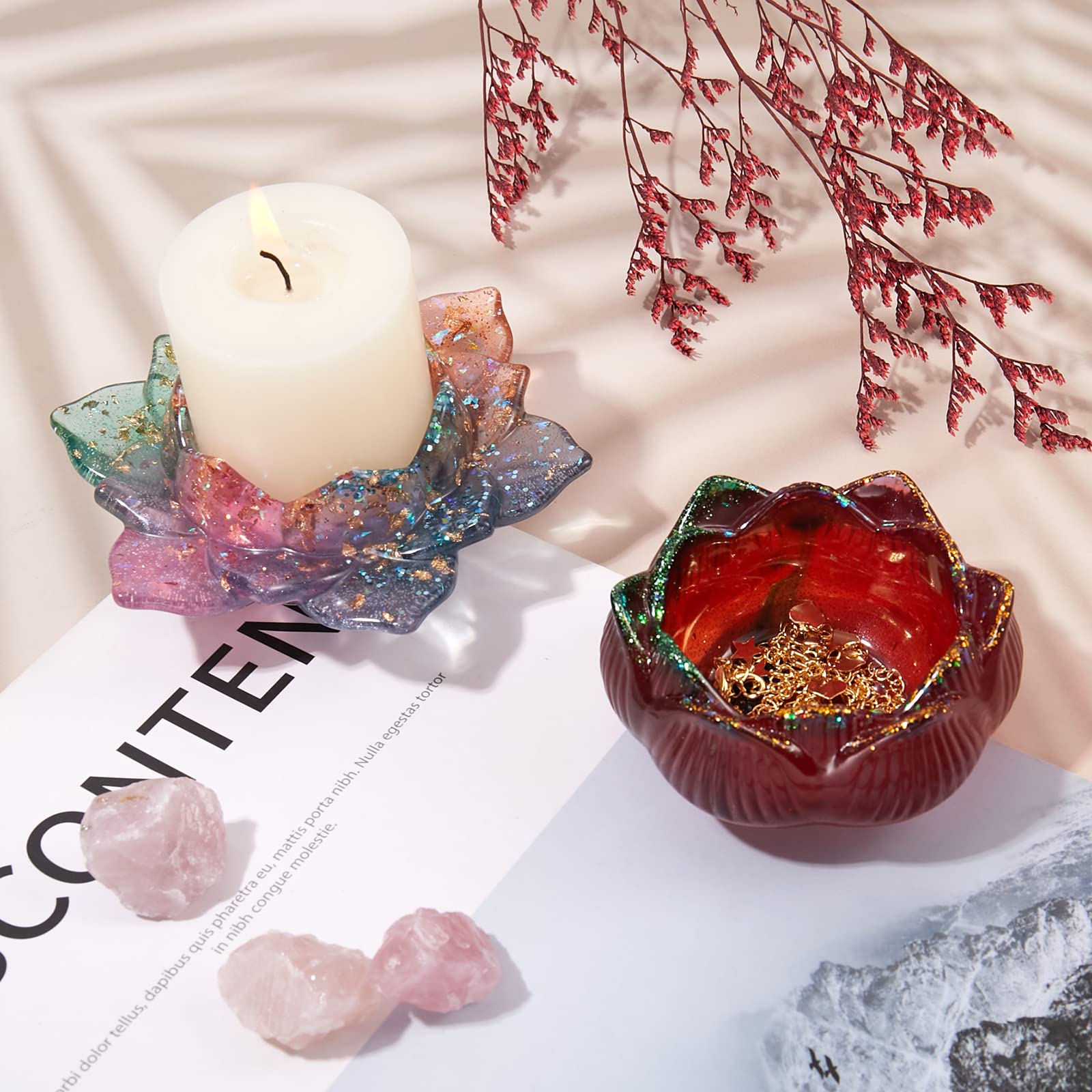 BEEFLYING 2 Pieces Candle Holder Resin Molds Lotus Epoxy Resin Casting Molds Candlestick Silicone Moulds for Jewellery Cosmetic Storage Box Plant Hydroponic Bottle Flower Pot - Image 4