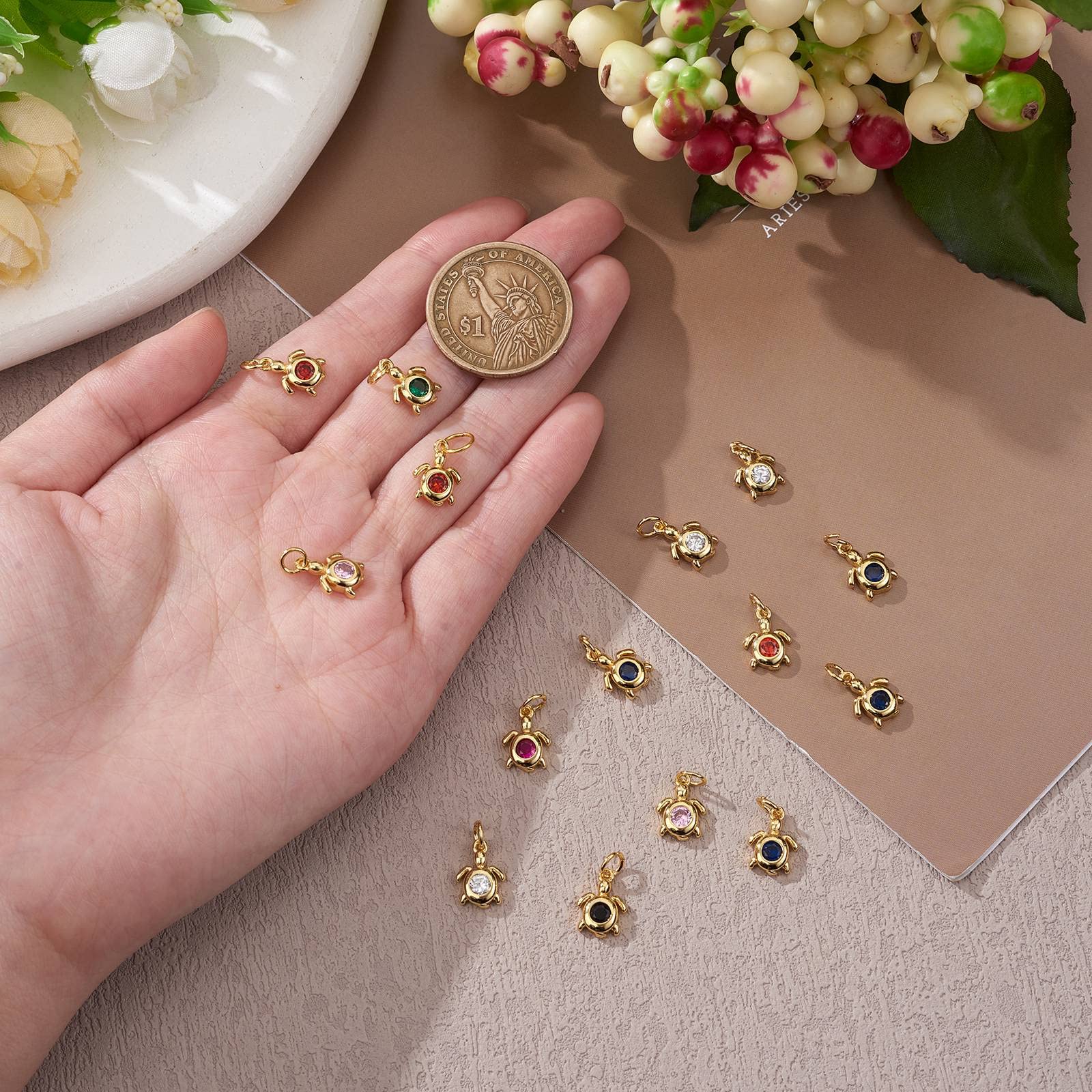 BEEFLYING 20 Pcs Sea Turtle Shape Brass Rhinestone Charms Gold Plated Cubic Zirconia Pendants with Jump Ring for Jewelry Necklace Making DIY Handmade Craft (Random Color) - Image 3