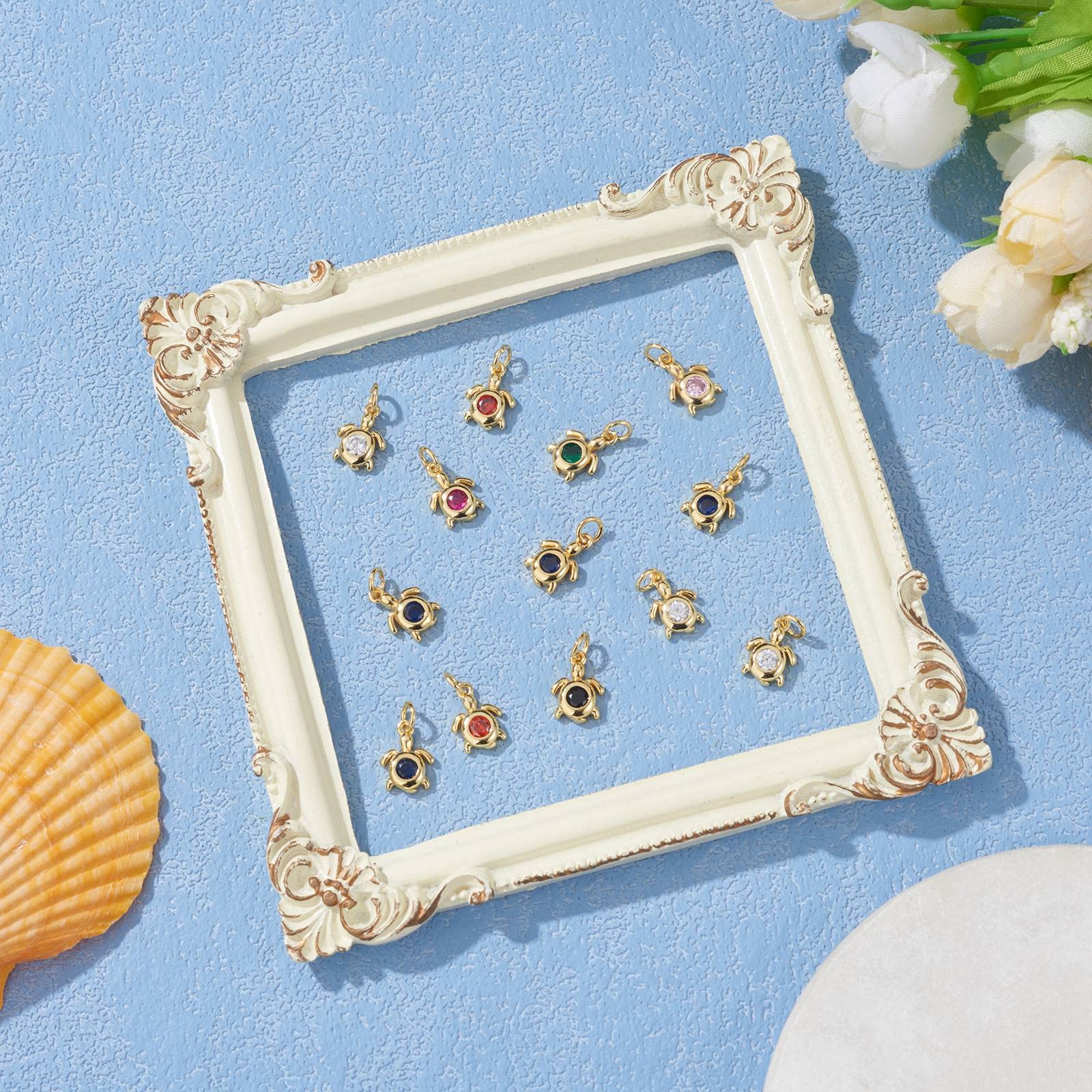 BEEFLYING 20 Pcs Sea Turtle Shape Brass Rhinestone Charms Gold Plated Cubic Zirconia Pendants with Jump Ring for Jewelry Necklace Making DIY Handmade Craft (Random Color) - Image 4