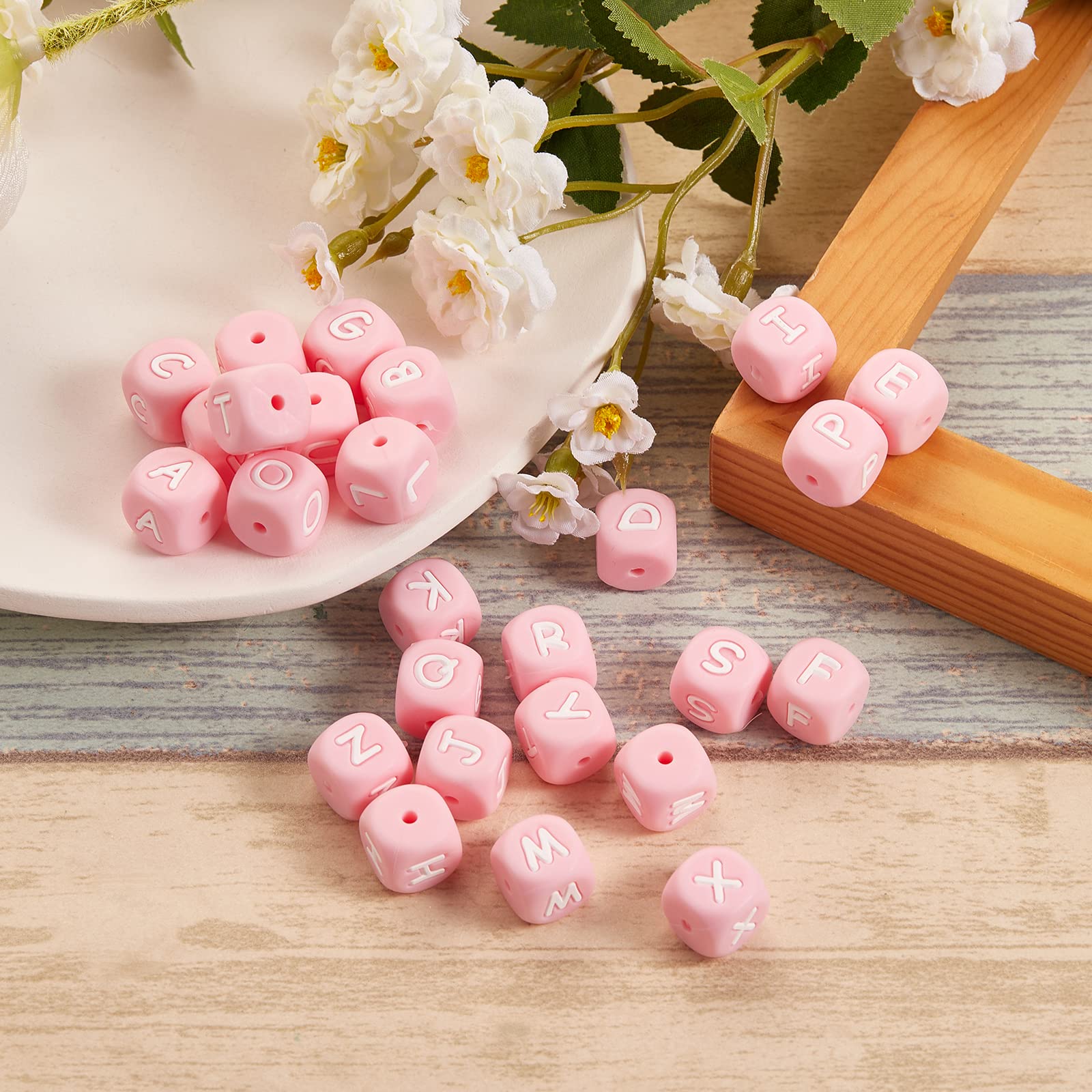 BEEFLYING 26 Pcs A~Z Cube Letter Beads Silicone Square Dice Alphabet Beads Large Hole Spacer Loose Beads for Bracelet Necklace Jewelry Making, Pink - Image 5