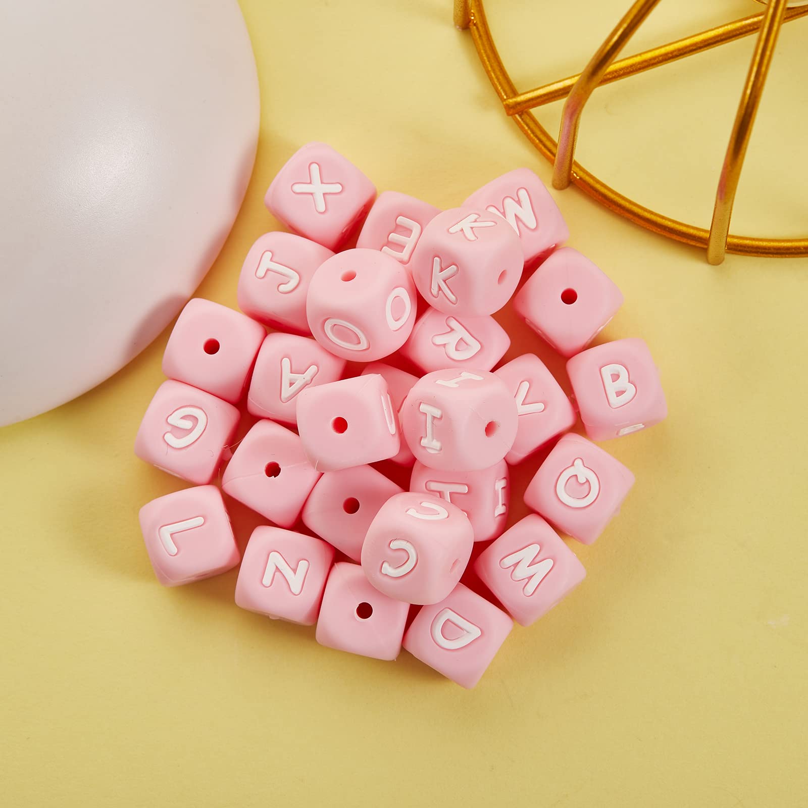 BEEFLYING 26 Pcs A~Z Cube Letter Beads Silicone Square Dice Alphabet Beads Large Hole Spacer Loose Beads for Bracelet Necklace Jewelry Making, Pink - Image 6