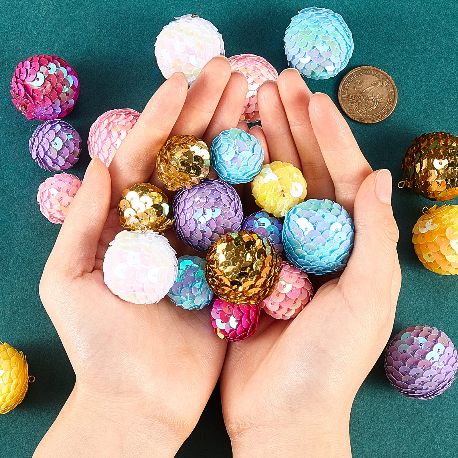 BEEFLYING 28 Pcs 14 Styles Sparkly Paillette Plastic Pendant Decorations Ball Shape Pendant Mixed Color for Keychain Bag Christmas Tree Cake Decoration - Image 3