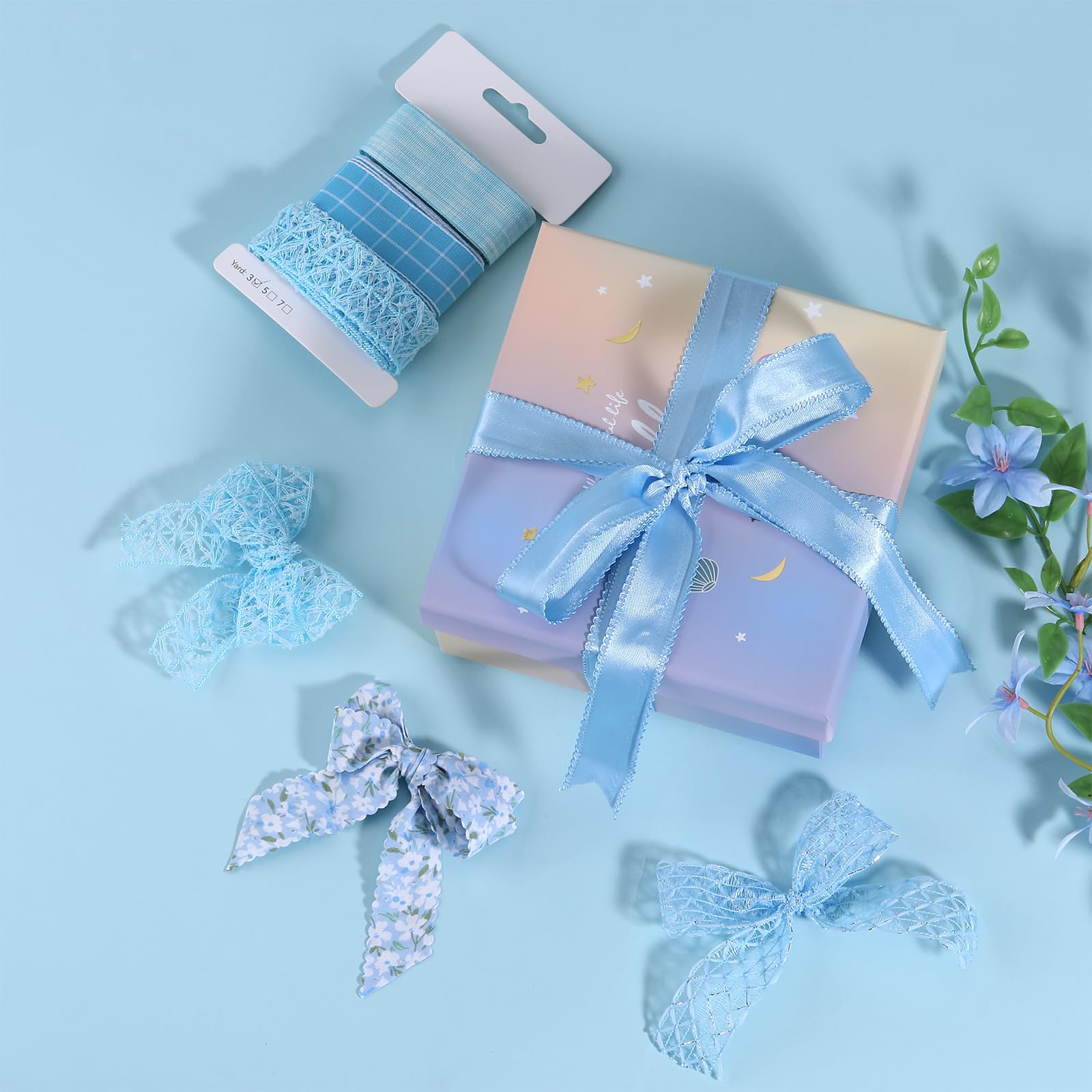 BEEFLYING 3 Styles Light Blue Wire Edged Ribbons for Gift Wrapping Decoration 25~28mm×2.7m Satin Ribbons Fabric Ribbons for Wedding Party Decoration Hair Bows Flower Designs Sewing and Craft, 9 Yards - Image 3