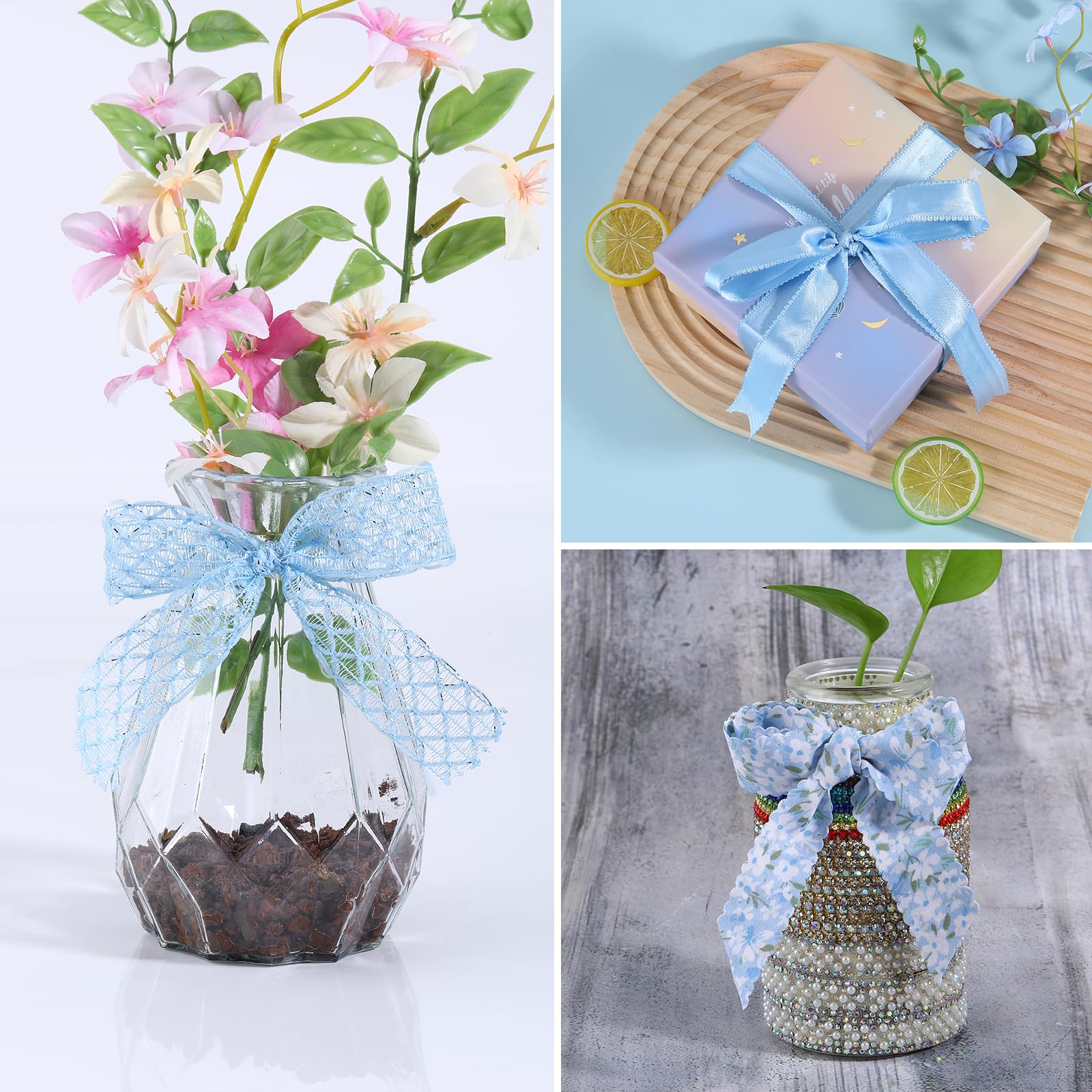 BEEFLYING 3 Styles Light Blue Wire Edged Ribbons for Gift Wrapping Decoration 25~28mm×2.7m Satin Ribbons Fabric Ribbons for Wedding Party Decoration Hair Bows Flower Designs Sewing and Craft, 9 Yards - Image 4