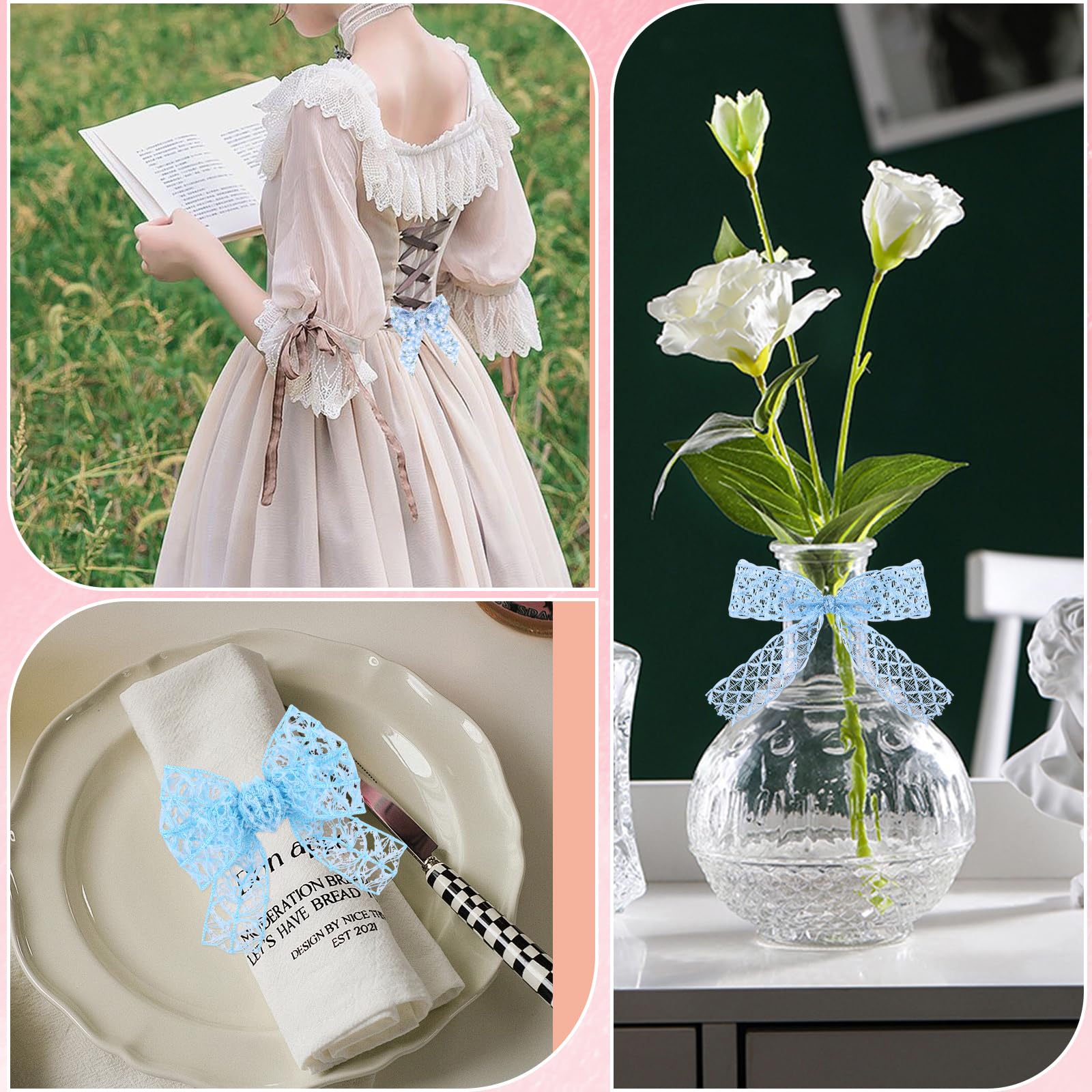 BEEFLYING 3 Styles Light Blue Wire Edged Ribbons for Gift Wrapping Decoration 25~28mm×2.7m Satin Ribbons Fabric Ribbons for Wedding Party Decoration Hair Bows Flower Designs Sewing and Craft, 9 Yards - Image 5