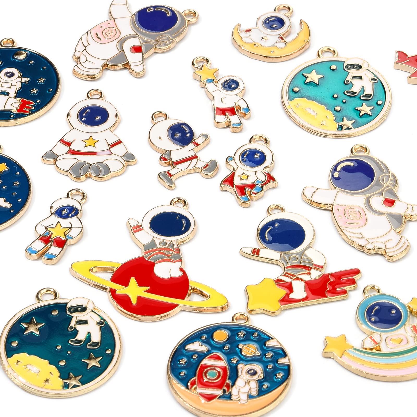 BEEFLYING 36Pcs Alloy Enamel Astronaut Charms Rocket Planet Keychain Pendant Celestial Jupiter Spaceship Charms Space Theme Metal Pendant for DIY Bracelet Jewelry Craft Making - Image 3