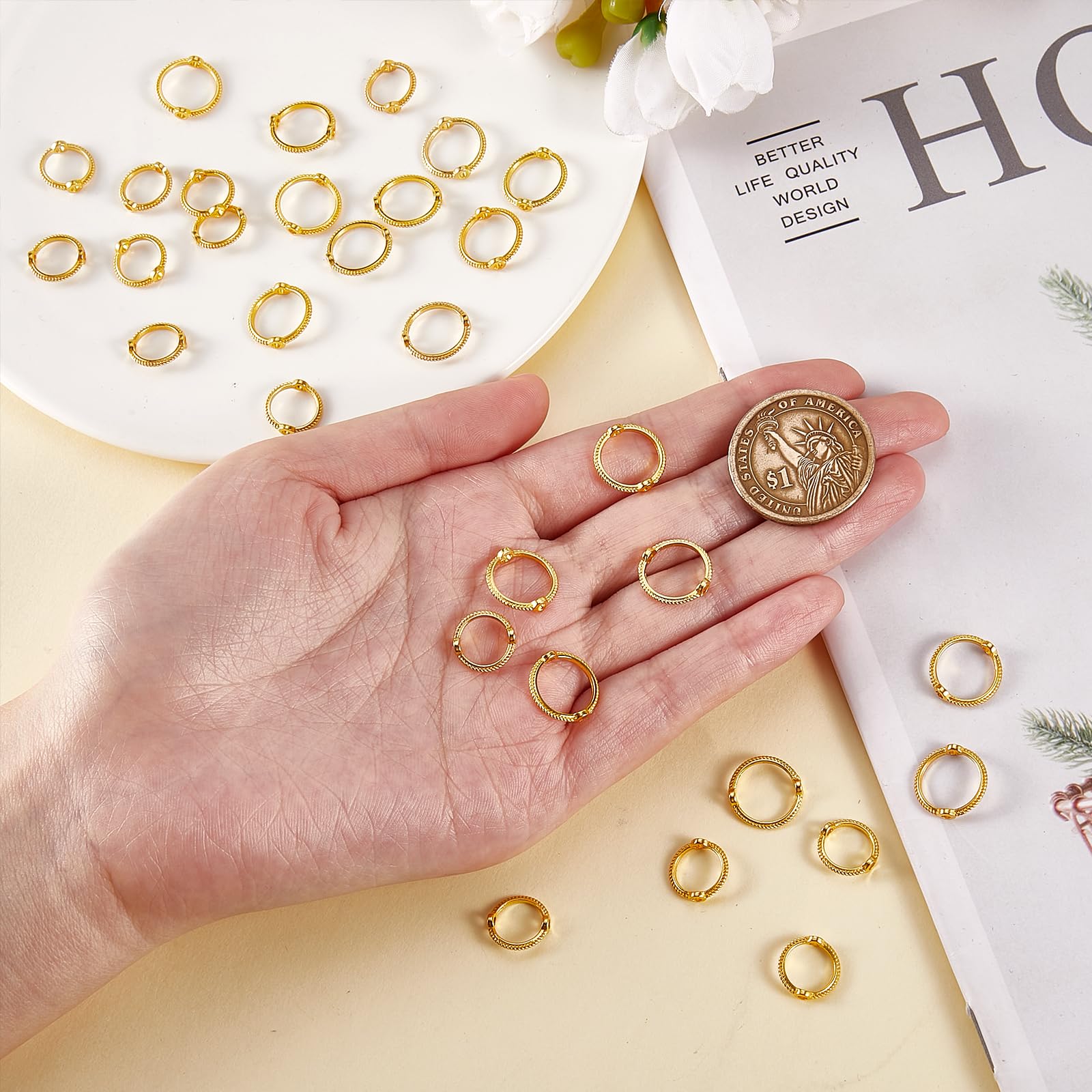 BEEFLYING 40pcs Double Hole Bead Round Frames Links Connectors for Beading Jewelry Making Crafts Assortments Necklaces, Bracelets, Earrings, Keychains, Golden - Image 3