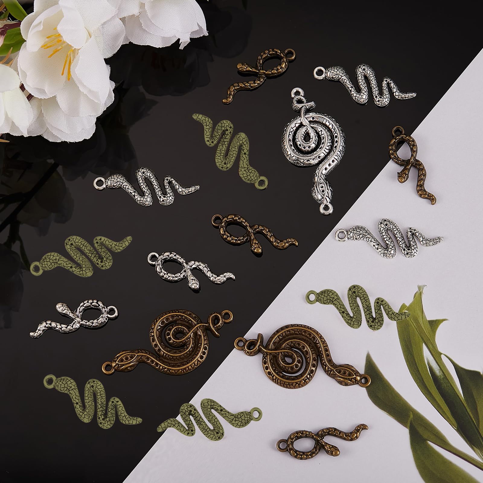BEEFLYING 48Pcs 6 Style Gold Silver Tibetan Snake Charm Metal Alloy Cobra Snake Witch Charm Antique Gold Bronze Serpent Connector for DIY Bracelet Jewelry Craft Making - Image 3
