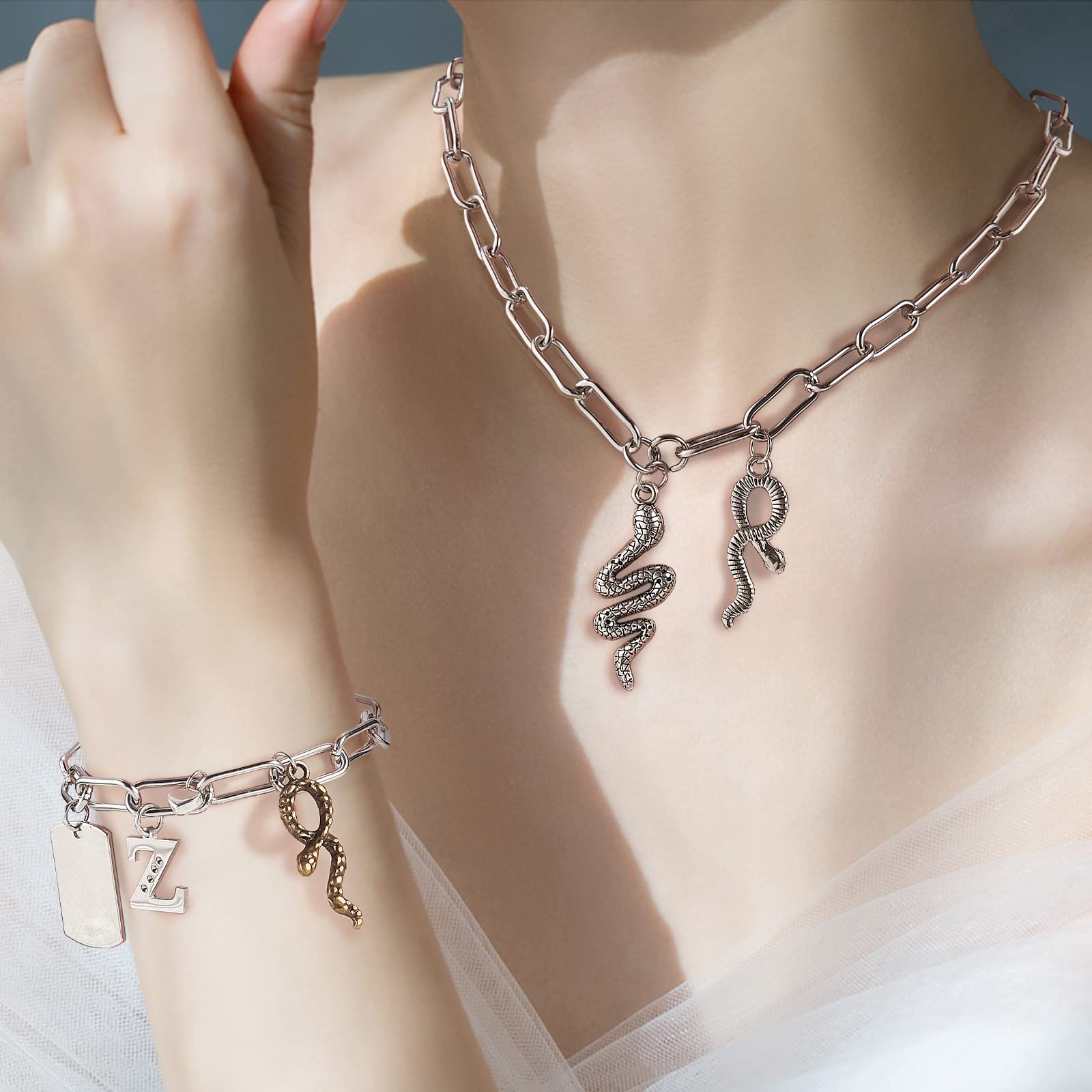 BEEFLYING 48Pcs 6 Style Gold Silver Tibetan Snake Charm Metal Alloy Cobra Snake Witch Charm Antique Gold Bronze Serpent Connector for DIY Bracelet Jewelry Craft Making - Image 7