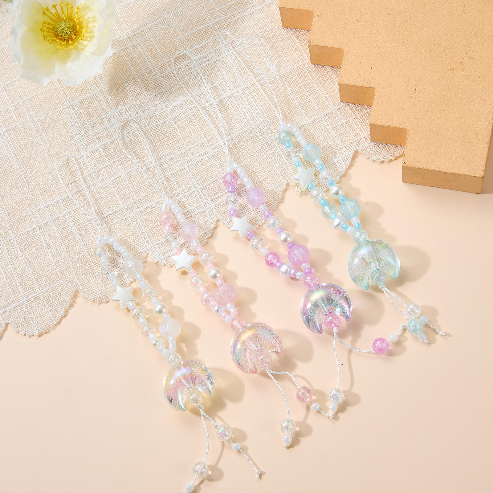BEEFLYING 4Pcs Acrylic Beaded Moon Star Phone Charm Straps, for Cellphone Keychain Bags Cameras Earphones Decorations, 4 Colors - Image 3