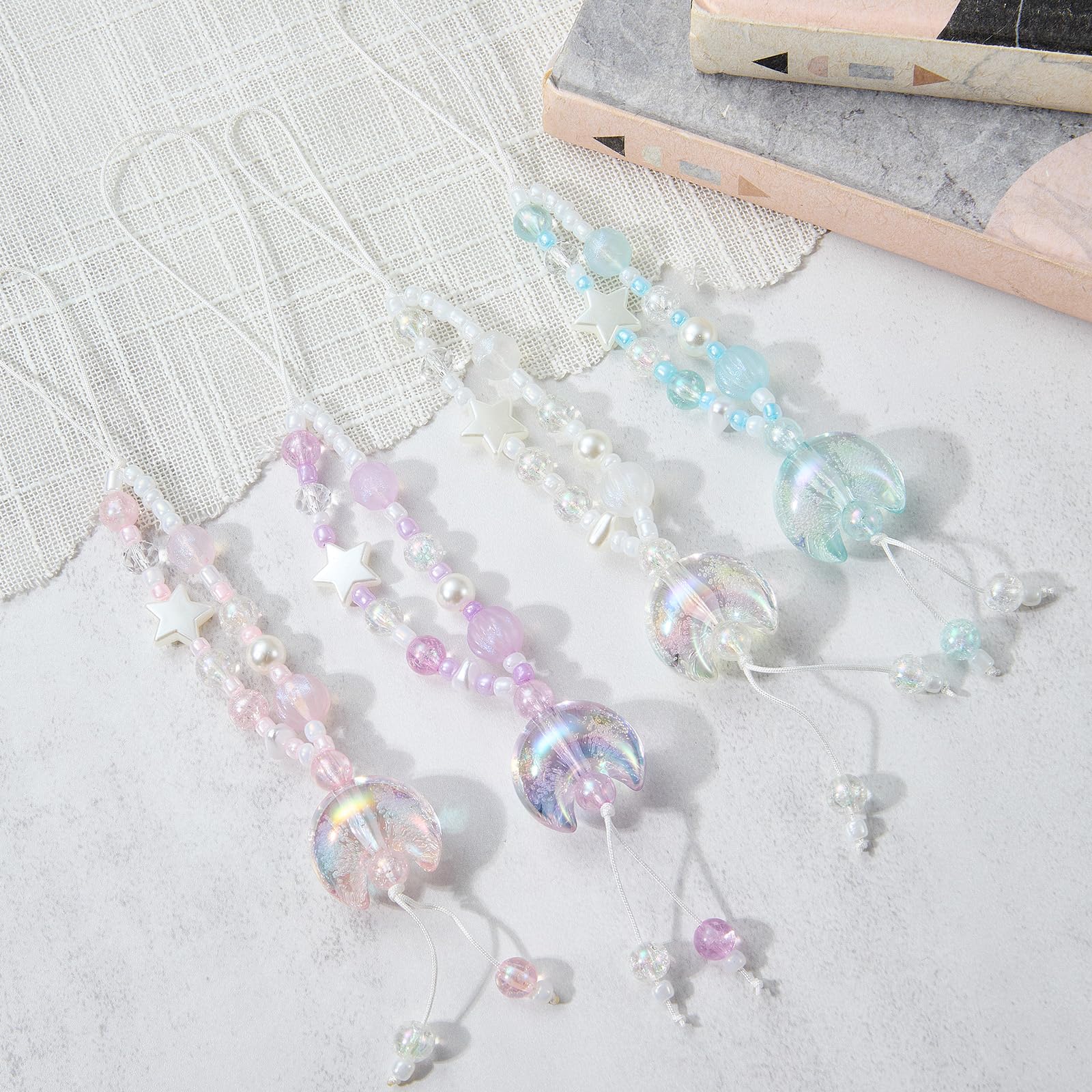 BEEFLYING 4Pcs Acrylic Beaded Moon Star Phone Charm Straps, for Cellphone Keychain Bags Cameras Earphones Decorations, 4 Colors - Image 4