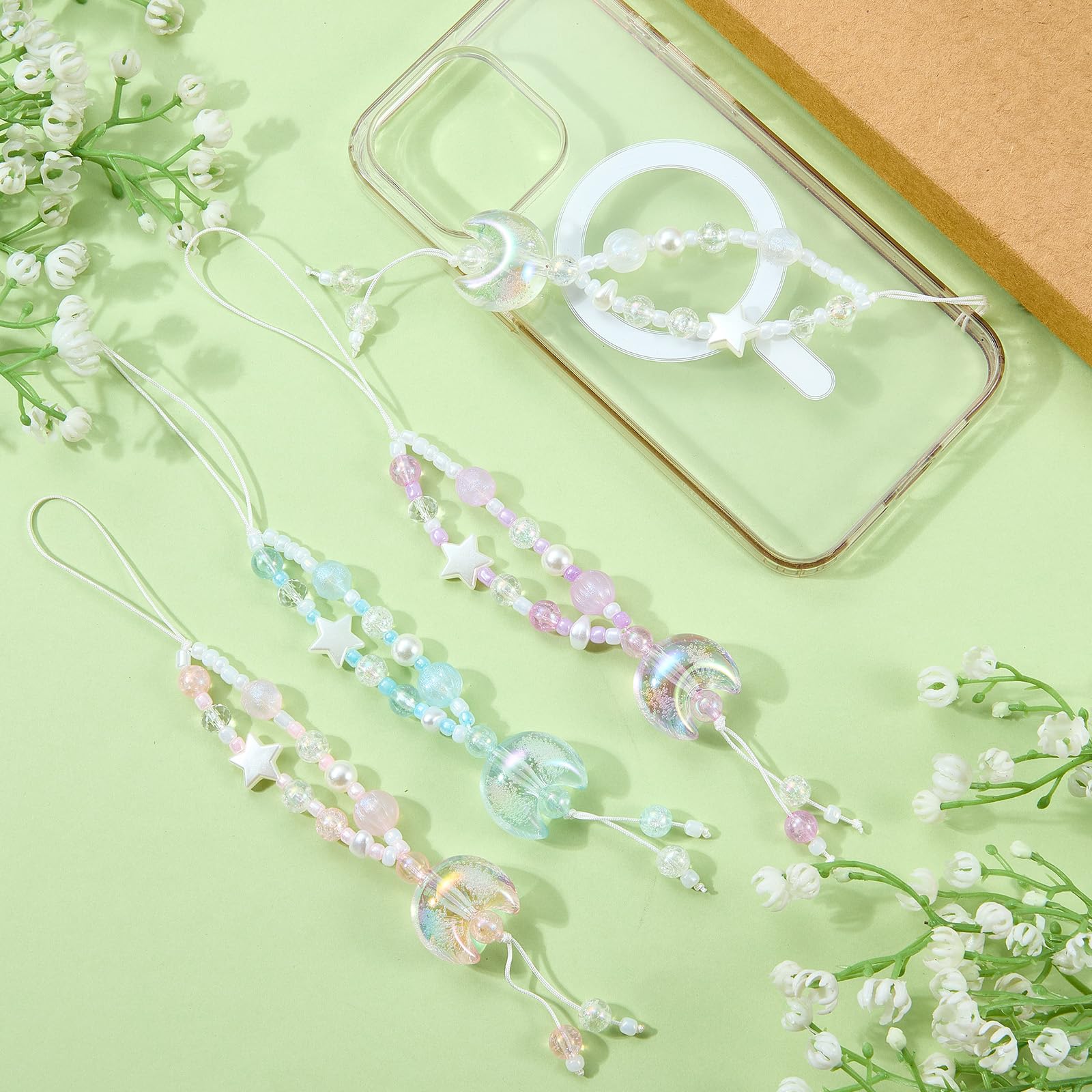 BEEFLYING 4Pcs Acrylic Beaded Moon Star Phone Charm Straps, for Cellphone Keychain Bags Cameras Earphones Decorations, 4 Colors - Image 6