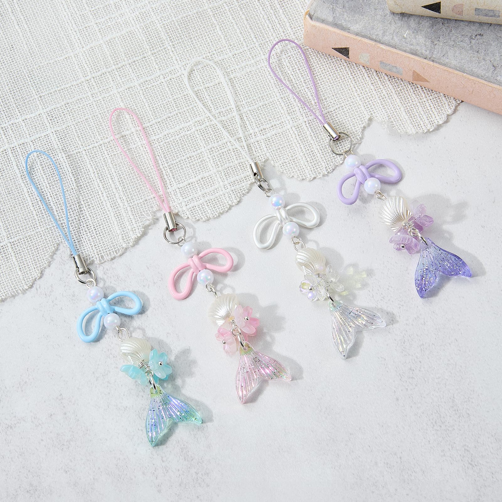 BEEFLYING 4Pcs Cute Acrylic Phone Charm Straps, with Mermaid Tail Butterfly Flower Star Moon Jellyfish,for Cellphone Keychain Bags Cameras Earphones Decor, Mixed Colors - Image 3