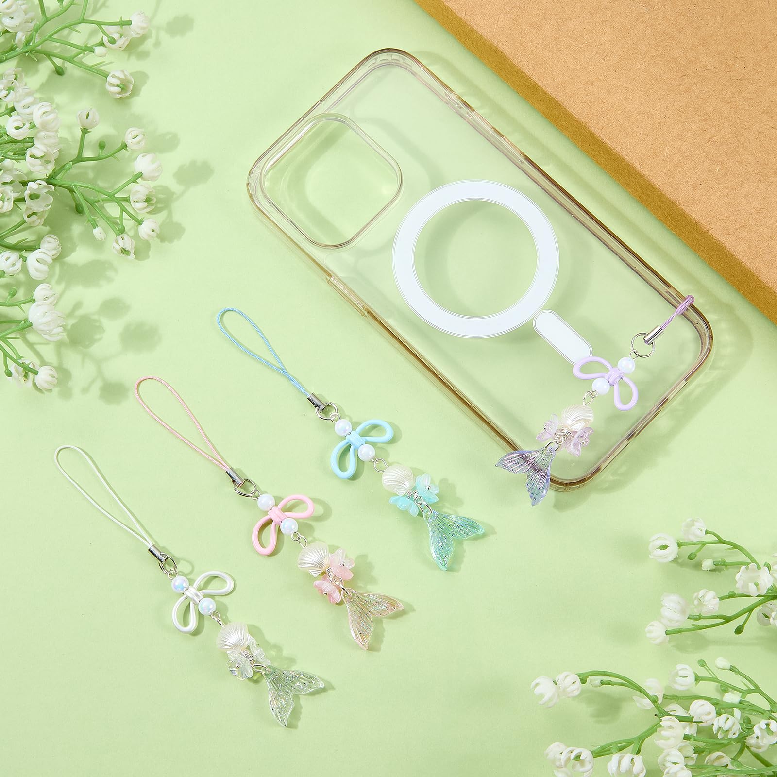BEEFLYING 4Pcs Cute Acrylic Phone Charm Straps, with Mermaid Tail Butterfly Flower Star Moon Jellyfish,for Cellphone Keychain Bags Cameras Earphones Decor, Mixed Colors - Image 5
