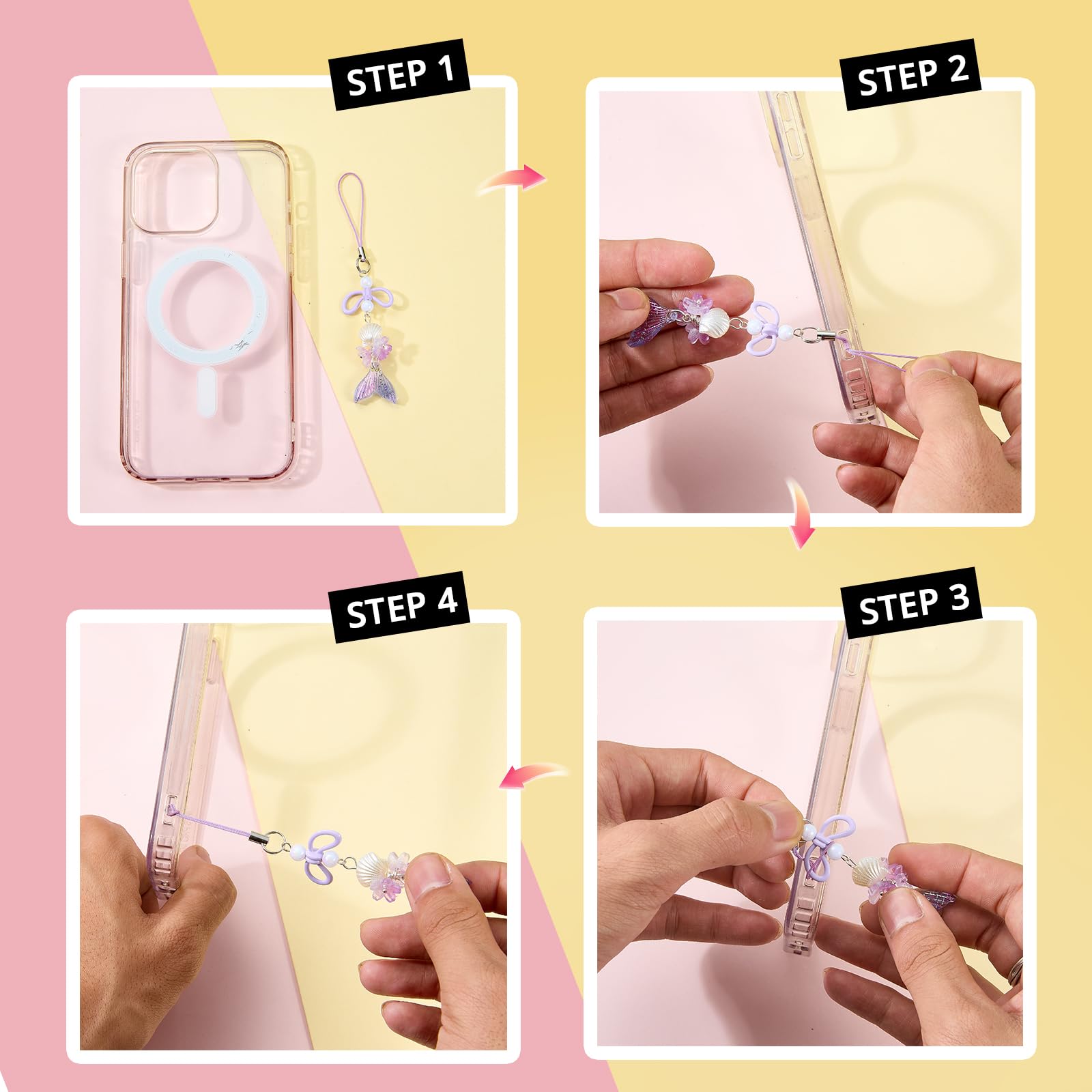 BEEFLYING 4Pcs Cute Acrylic Phone Charm Straps, with Mermaid Tail Butterfly Flower Star Moon Jellyfish,for Cellphone Keychain Bags Cameras Earphones Decor, Mixed Colors - Image 6