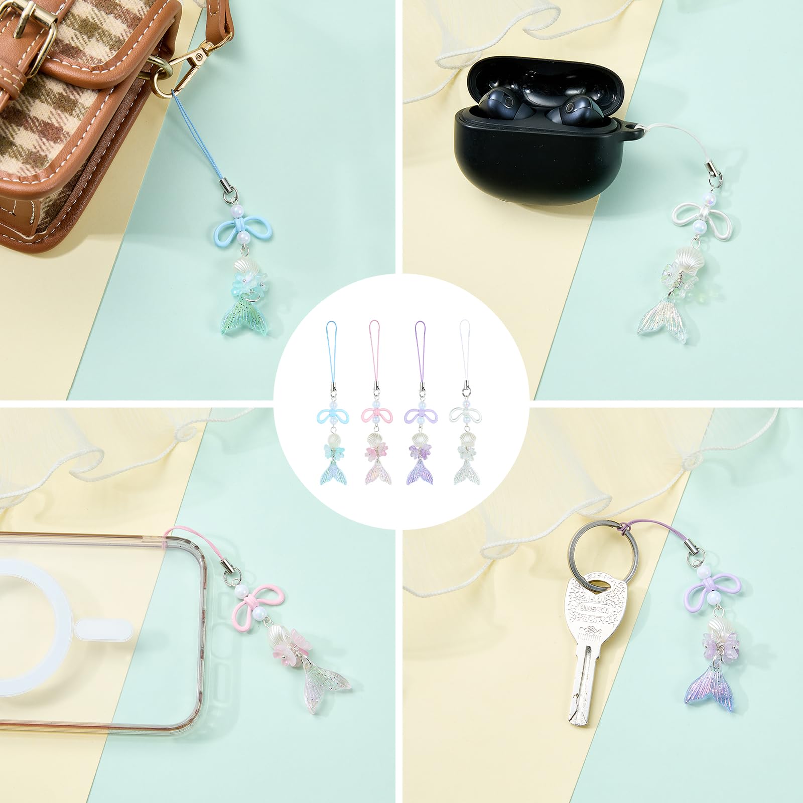 BEEFLYING 4Pcs Cute Acrylic Phone Charm Straps, with Mermaid Tail Butterfly Flower Star Moon Jellyfish,for Cellphone Keychain Bags Cameras Earphones Decor, Mixed Colors - Image 7