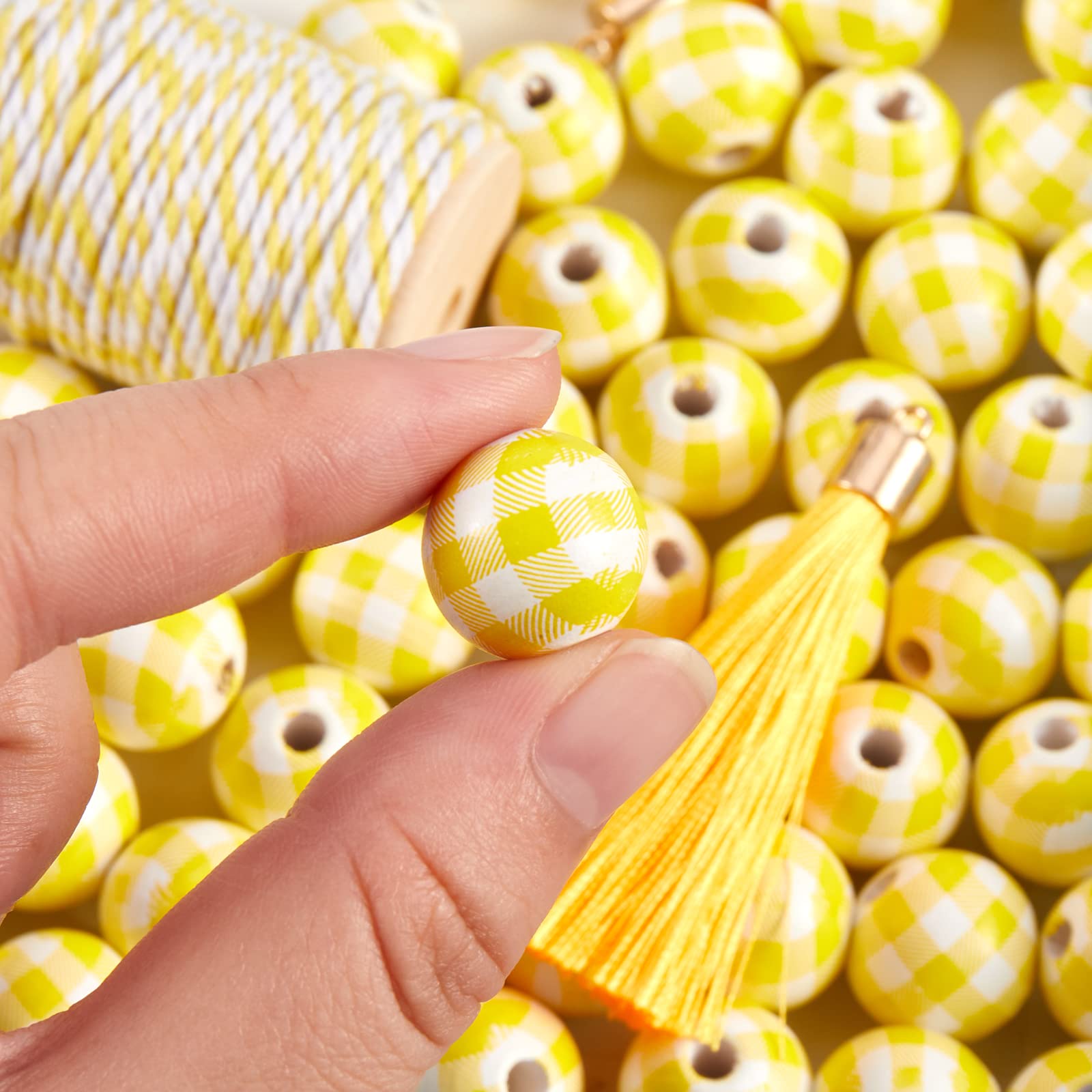 BEEFLYING 50 Pcs Craft Wood Beads Plaid Wooden Beads Farmhouse Wood Spacer Bead with Tassel for Christmas Rustic Home Decor DIY Jewelry Finding Kits, Yellow - Image 3