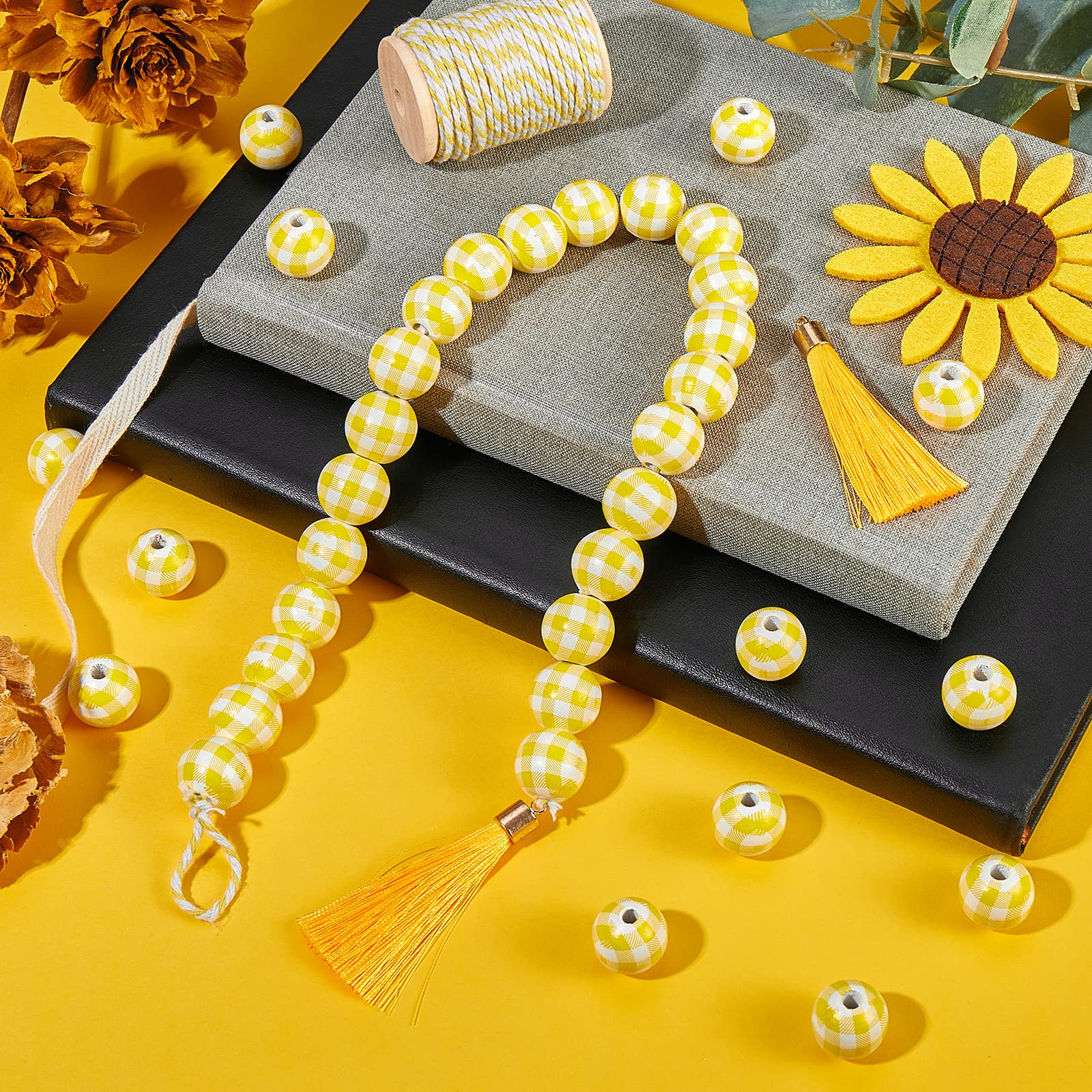 BEEFLYING 50 Pcs Craft Wood Beads Plaid Wooden Beads Farmhouse Wood Spacer Bead with Tassel for Christmas Rustic Home Decor DIY Jewelry Finding Kits, Yellow - Image 4