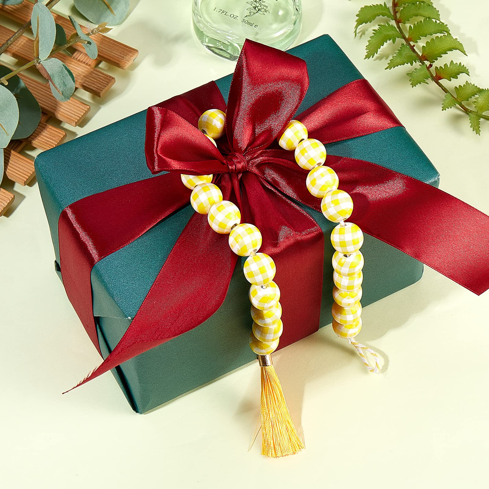 BEEFLYING 50 Pcs Craft Wood Beads Plaid Wooden Beads Farmhouse Wood Spacer Bead with Tassel for Christmas Rustic Home Decor DIY Jewelry Finding Kits, Yellow - Image 5