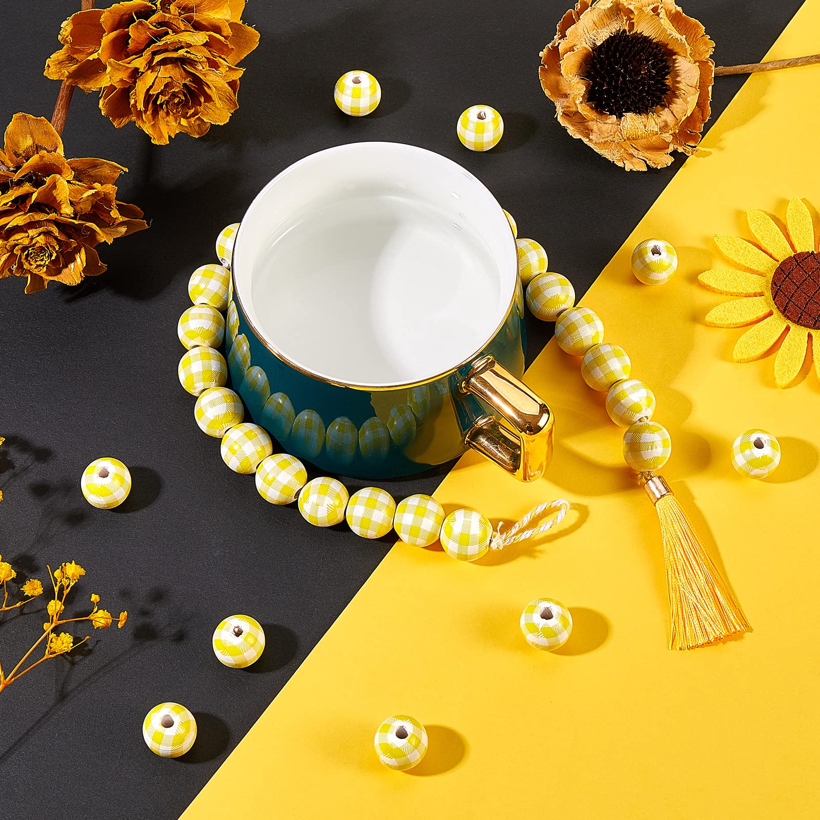 BEEFLYING 50 Pcs Craft Wood Beads Plaid Wooden Beads Farmhouse Wood Spacer Bead with Tassel for Christmas Rustic Home Decor DIY Jewelry Finding Kits, Yellow - Image 6