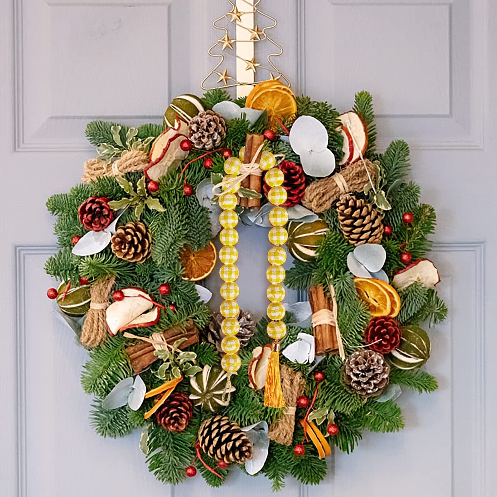 BEEFLYING 50 Pcs Craft Wood Beads Plaid Wooden Beads Farmhouse Wood Spacer Bead with Tassel for Christmas Rustic Home Decor DIY Jewelry Finding Kits, Yellow - Image 7