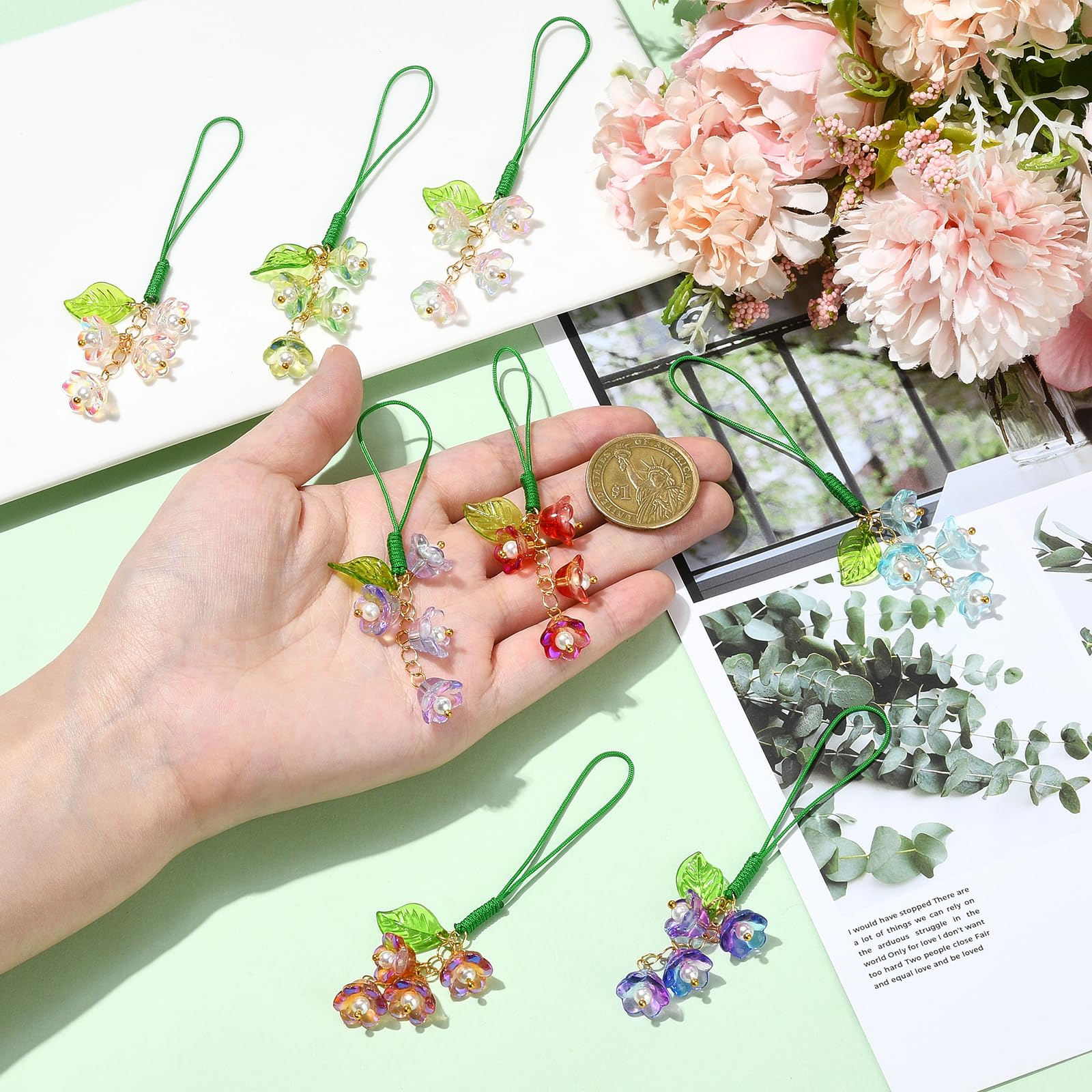 BEEFLYING 6-8 Pcs Colorful Flower Mobile Phone Charms Cute Glass & Acrylic Cell Phone Charm Straps Aesthetic Pendants Accessories For Wallets Keychains Bag - Image 3