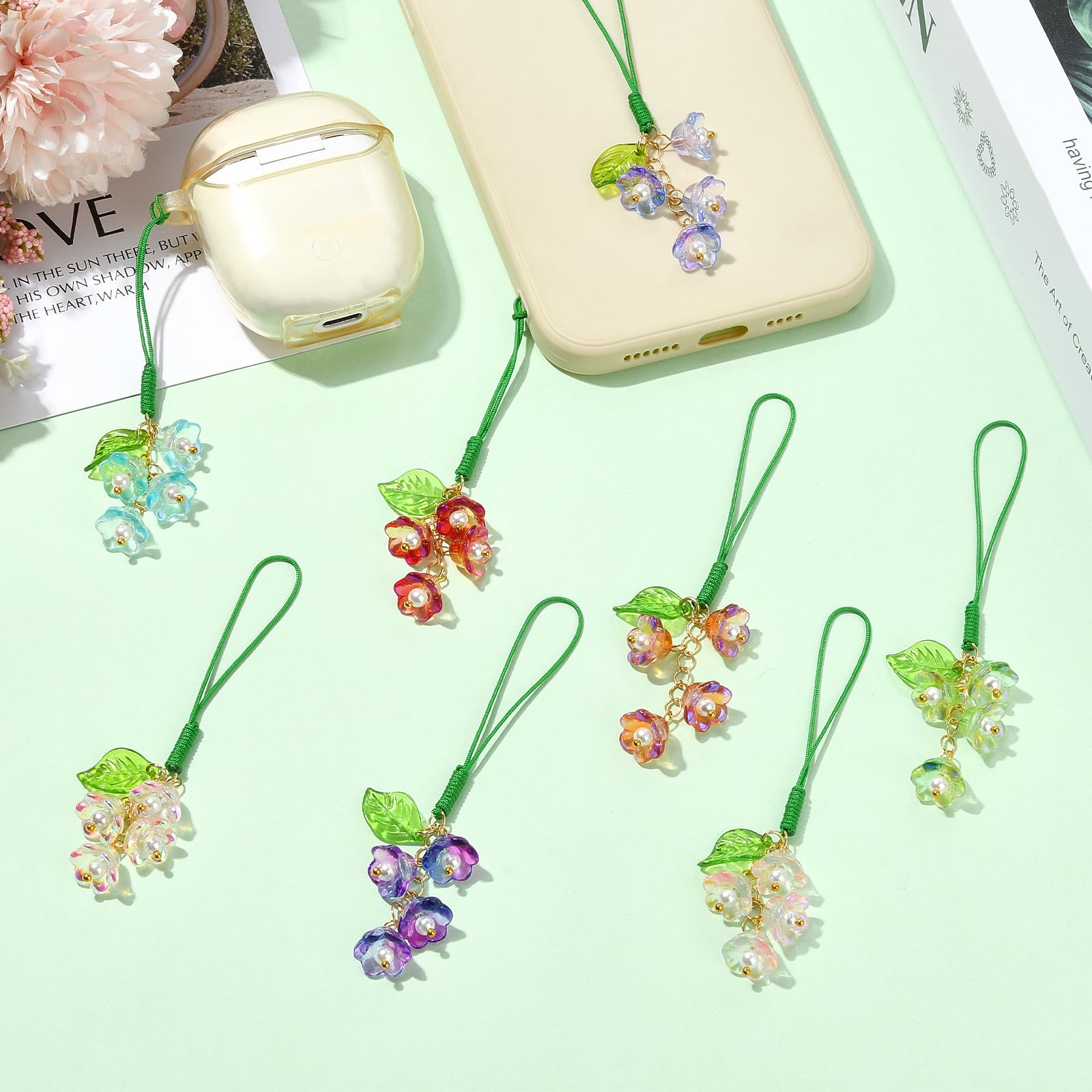 BEEFLYING 6-8 Pcs Colorful Flower Mobile Phone Charms Cute Glass & Acrylic Cell Phone Charm Straps Aesthetic Pendants Accessories For Wallets Keychains Bag - Image 4