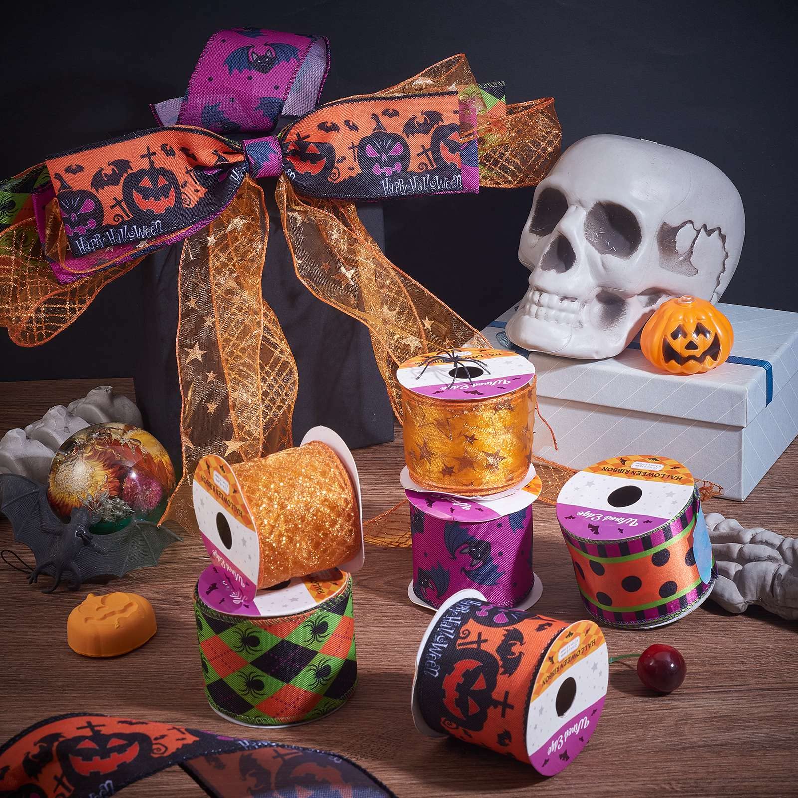 BEEFLYING 6 Rolls 36 Yards Halloween Polyester Ribbon Floral Bows Grosgrain for Home Decoration Halloween Party Wreath Gift Wrapping DIY Crafts Decoration - Image 4